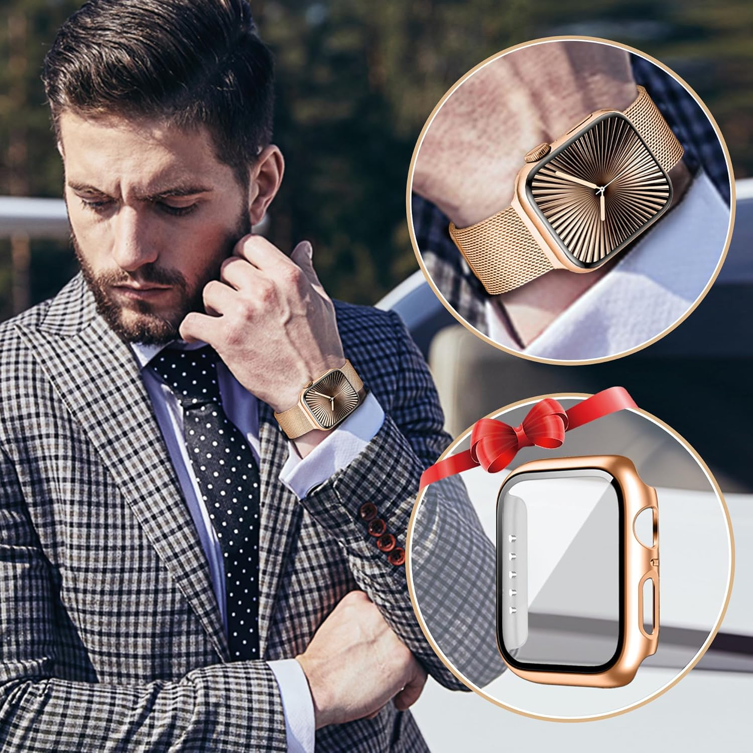 Ocaer Compatible with Apple Watch Bands with Case 40Mm 41Mm 42Mm 44Mm 45Mm 46Mm, Metal Magnetic Band with Screen Protector for Iwatch Series 11 10 9 8 7 6 5 4 SE 3 2 1,Stainless Steel Milanese Loop image number 1