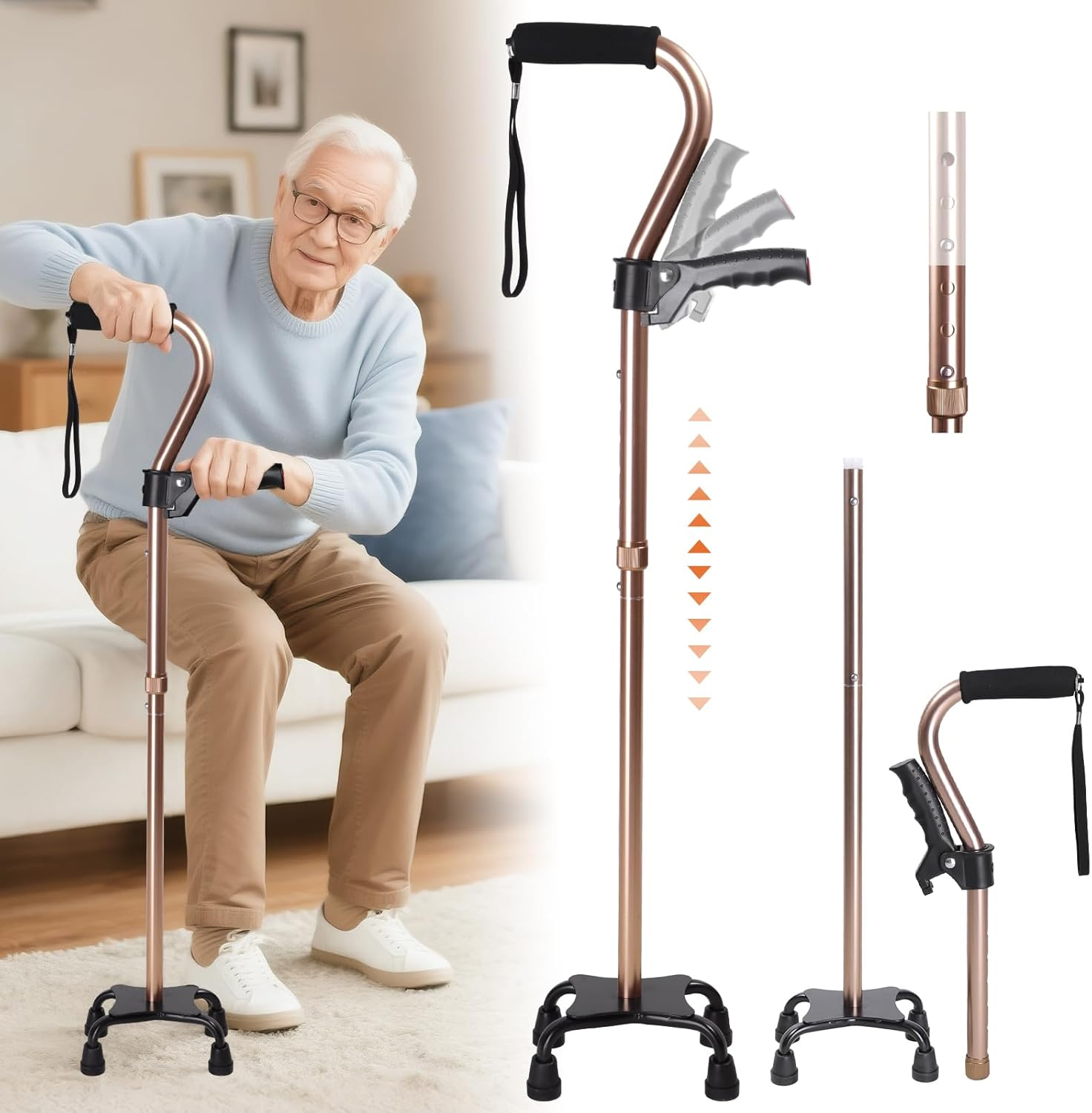 Adjustable Walking Cane for Men & Women &ndash; 4-Pronged Base for Stability &ndash; Foldable Cane for Seniors with Foam Padded Offset Handle(Champagne) image number 6