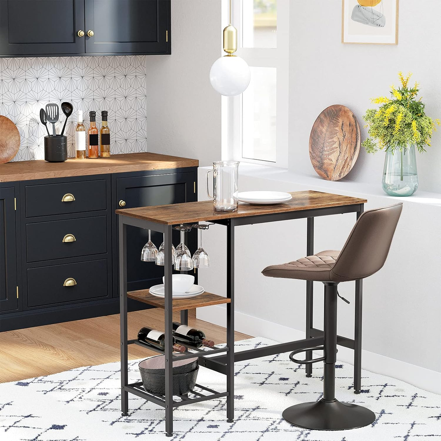 Vasagle Narrow, Sturdy Metal Frame, Easy Assembly, Design Bar Table with Wine Glass Holder and Bottle Rack, for Living Room, Kitchen, Industrial, Rustic Brown image number 6