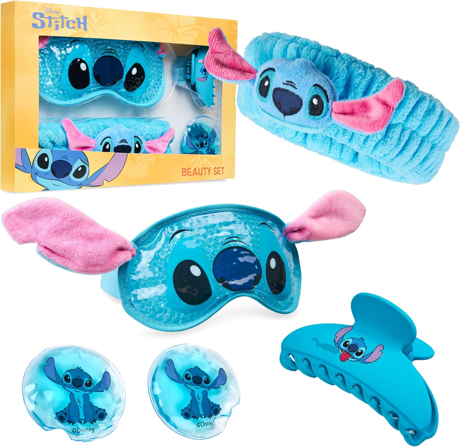 Disney Stitch Cooling Eye Mask & Beauty Accessories Set with Claw Clip Skincare Headband Cooling Eye Pads, Pampering Beauty Gifts for Women (Blue)