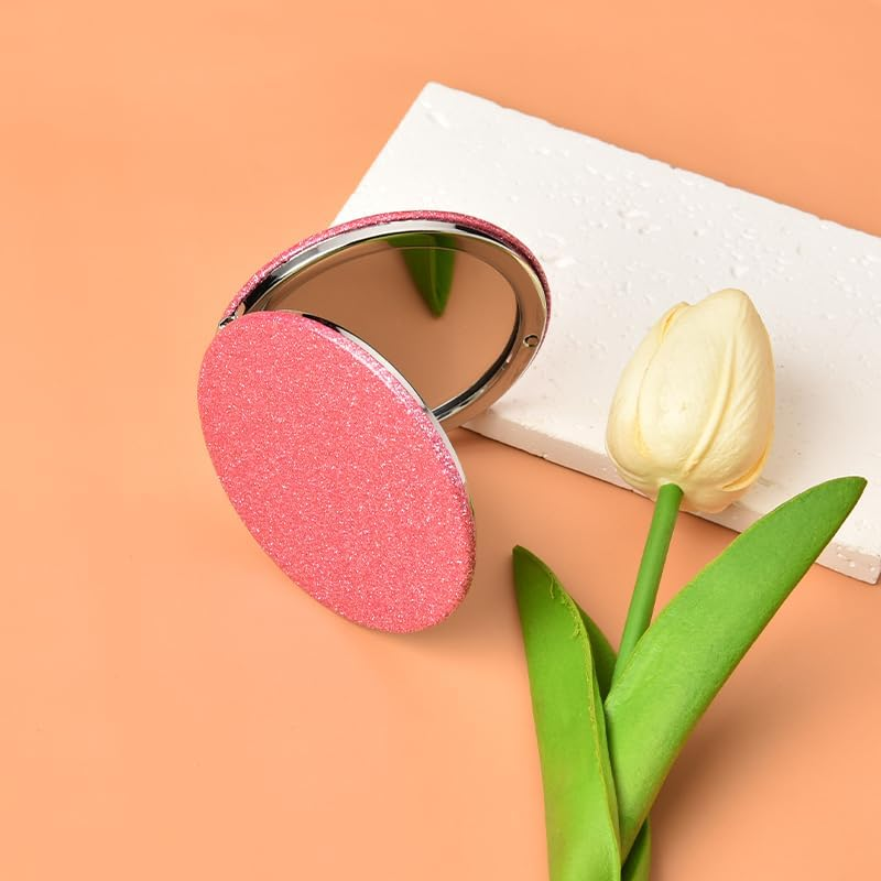 Pink Compact Mirror for Purse - 1X/2X Magnifying Mirror with PU Leather Case - Portable Hand Mirror image number 1