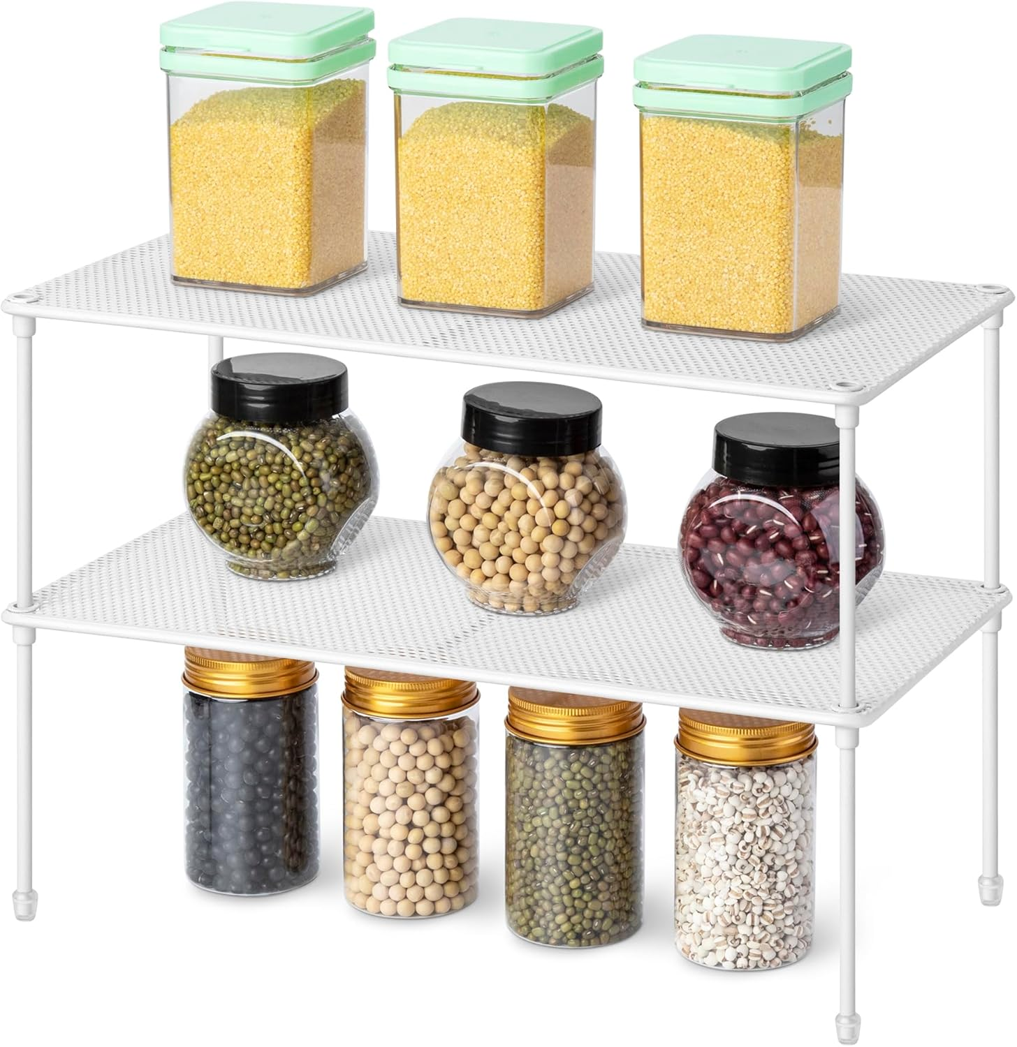 QIWODE Kitchen Cupboard Organiser, Spice Rack, Stackable Shelf, Space Divider Unit, Storage Stand for Kitchen, Pantry, Cabinet, Desktop, Countertop, White image number 5