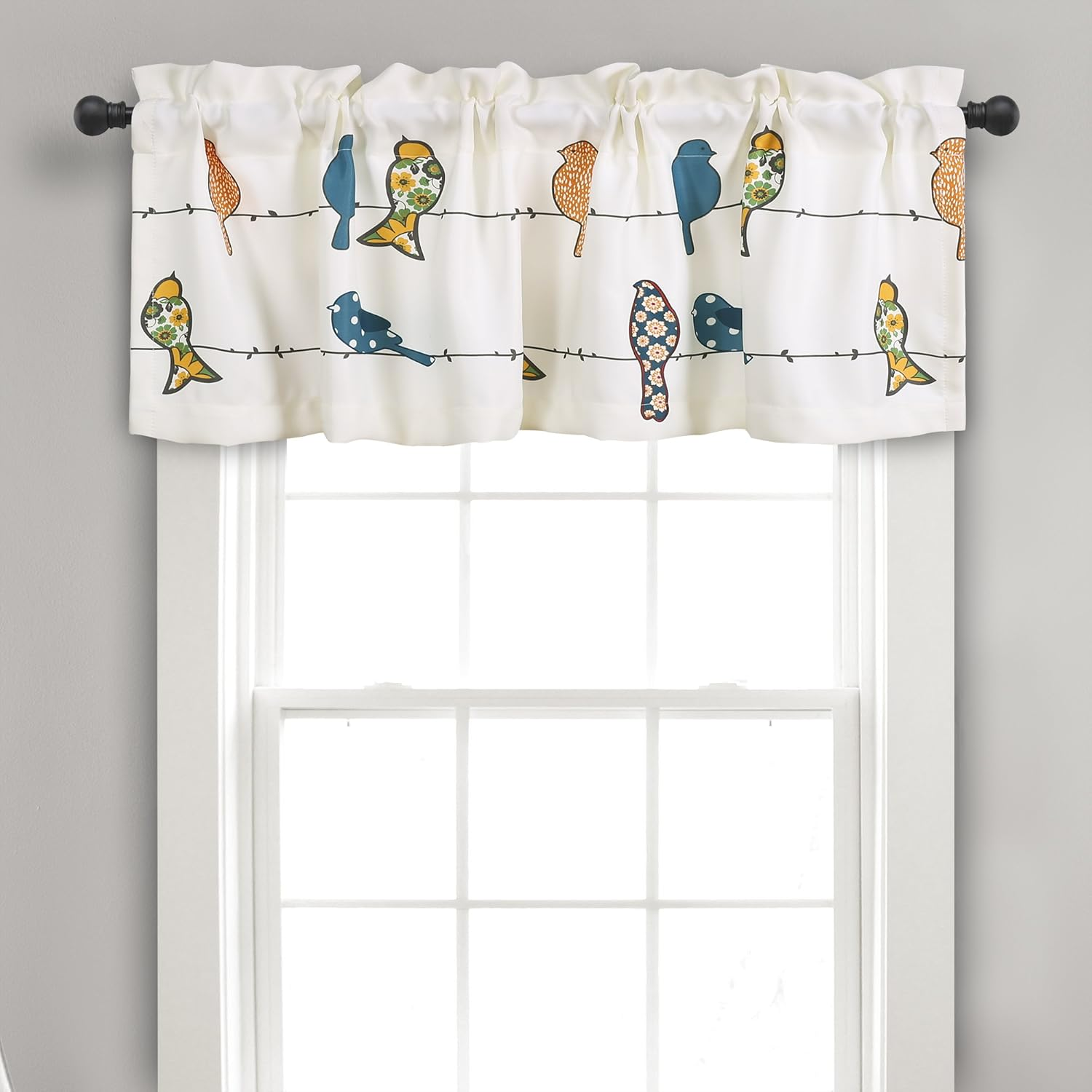 Lush Decor Rowley Birds Light Filtering Valance, Single Panel, 52" W X 18" L, Yellow & Gray - Colorful Floral Bird Pattern - Whimsical & Playful Bird Curtain - Farmhouse, Coastal, & Boho Window Decor