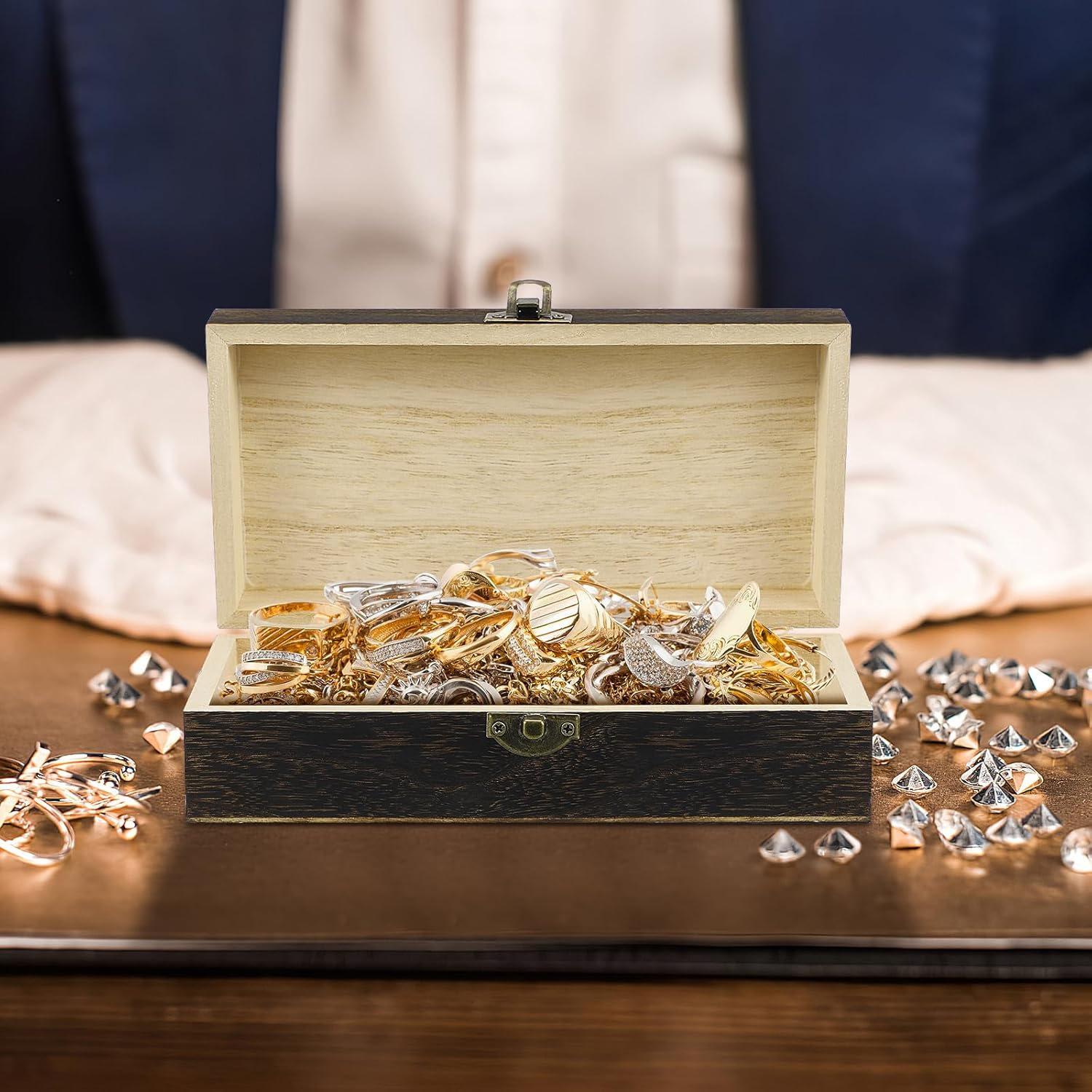 TEHAUX Rectangular Vintage Wooden Jewelry Box for Storage Decorative Keepsake Organizer for Rings Bracelets and Small Treasures 8.06 X 4.13 X 2.55 Inch image number 5