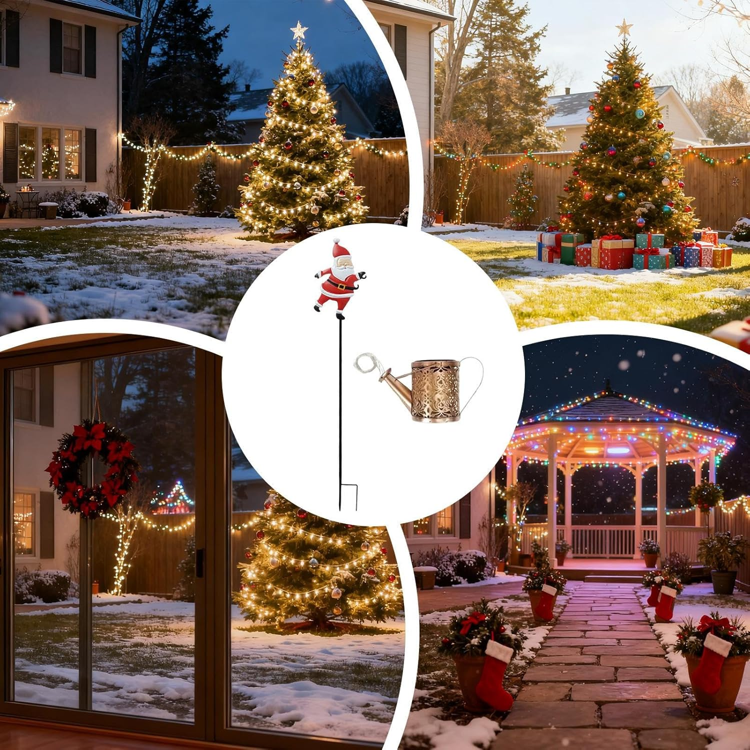 Christmas Solar Santa Claus Lights, Waterproof Outdoor Decorative Garden Pathway Stake with Vintage Metal Watering Kettle, Festive Yard Lawn Decoration for Holiday Displays Ambiance image number 5