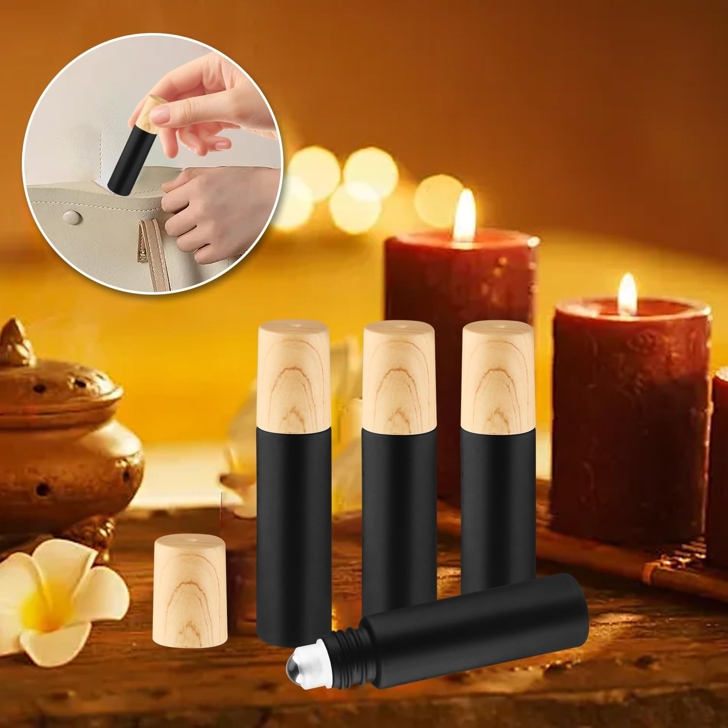 Cositina 20 Pcs 10Ml/0.34Oz Frosted Glass Roller Bottles Refillable Perfume Bottles with Stainless Steel Roller Balls & Wood Grain Lids for Travel Essential Oils - Black - Black image number 6