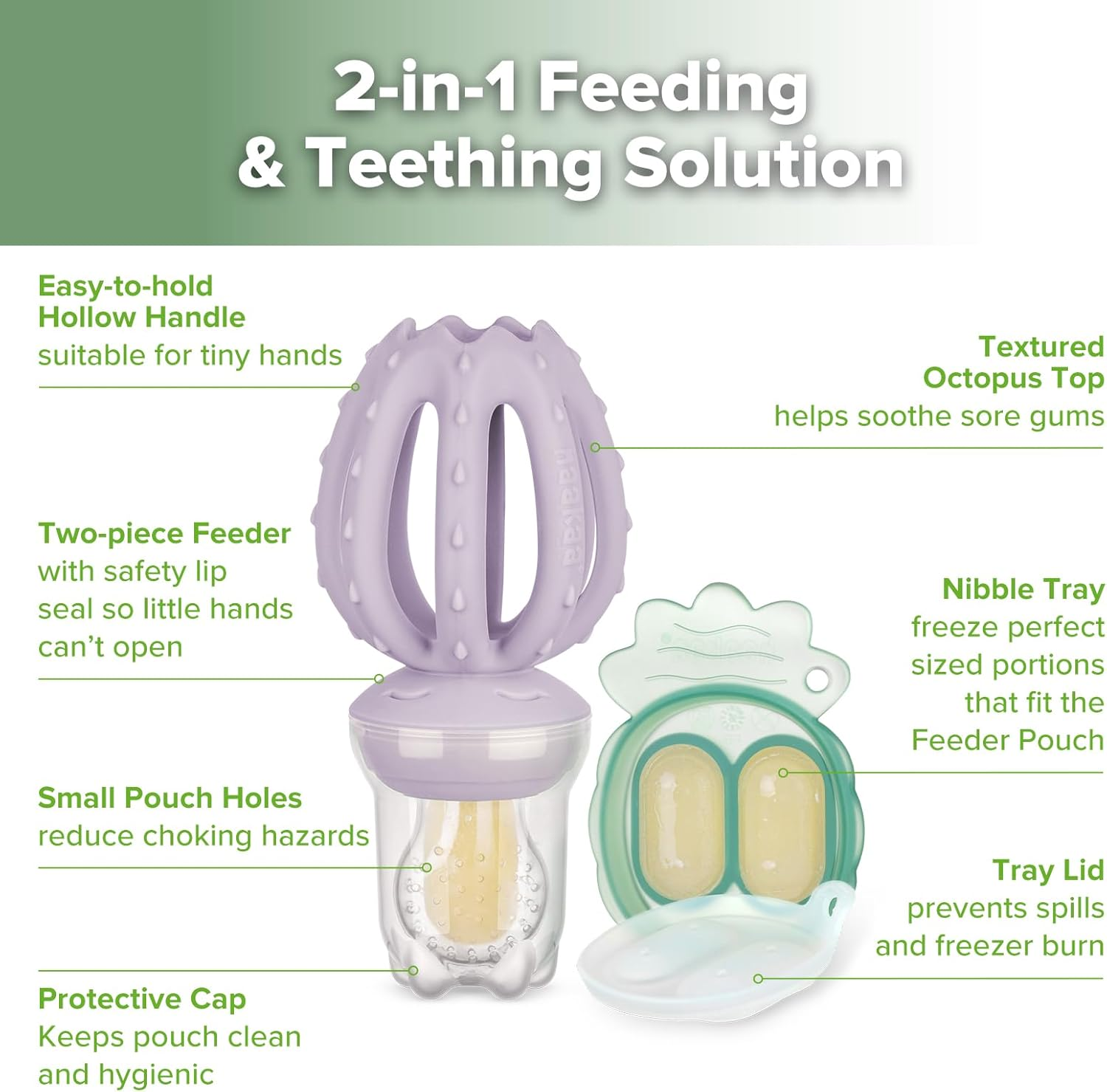Haakaa Octopus Baby Fruit Food Feeder & Mini Freezer Nibble Tray Combo, Breastmilk Popsicle Molds for Cooling Relief, BPA Free Silicone Feeder for Safe Infant Self Feeding, 4 Month+ (Lavender) image number 4