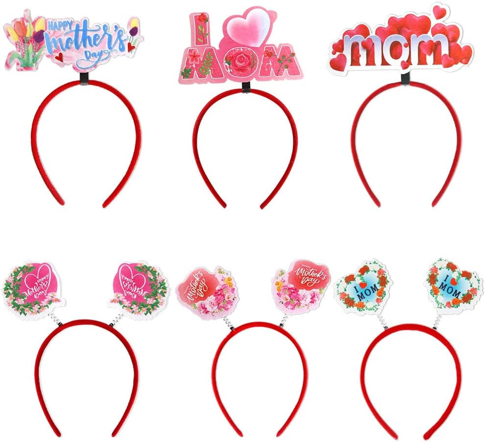 Vocoliday Happy Mother'S Day Headband, Mother'S Day, Heart Headband, Flower Hairband, Mother'S Day Hair Accessories for Birthday, Mother'S Day, Valentine'S Day, Costume, Party Decoration, Pack of 6