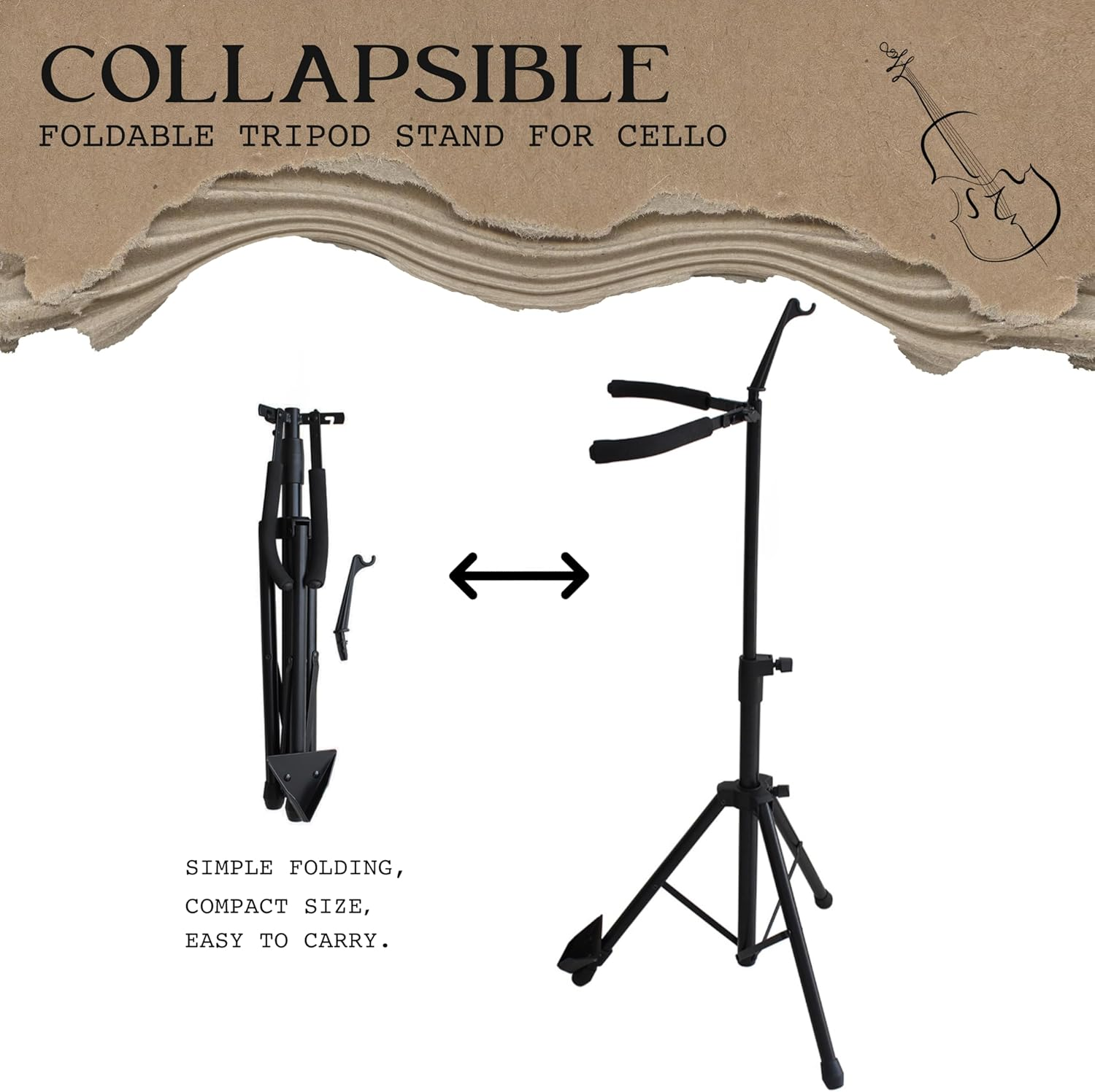 WHELPAW Adjustable Cello Stand with Bow Holder - Secure & Sturdy Support for All Cello Sizes - Easy Fold Design - Premium Materials & Non-Slip Feet