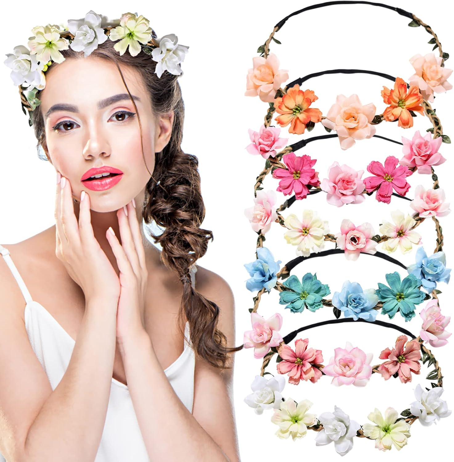 Gmedhc Bohemian Headpiece, 6 Pieces Floral Headband Wreath, Communion Garland Headpiece, Artificial Flower Headbands for Women Festival, Garland Hair Band for Women Girls Wedding Festival Party image number 4