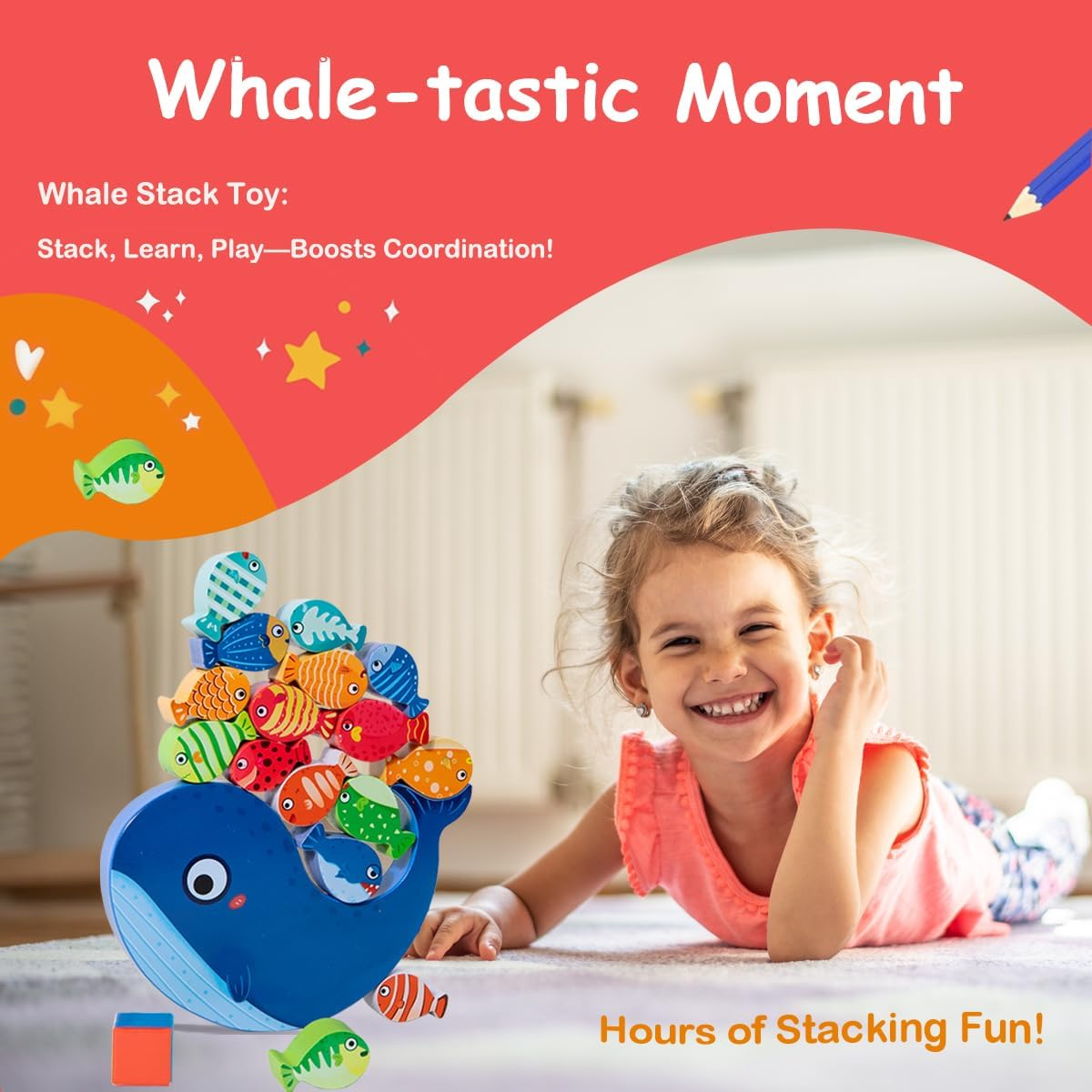 Fish Wooden Balance Stacking Toys, Whale Balance Stacking Blocks Game,Toys for Kids Aged 3+ and Adults，Family Games and Cute Animal Tabletop Decoration for Living Room Office Bedroom image number 2