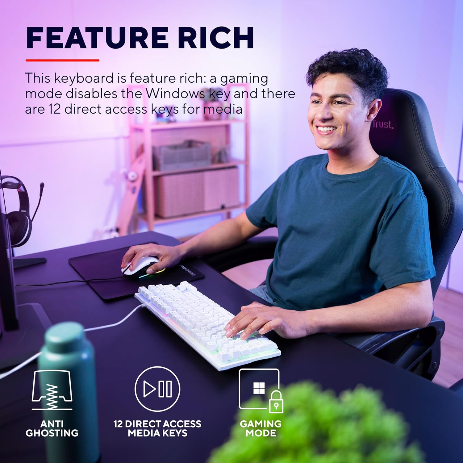 Trust Gaming GXT 794W 3-In-1 TKL Gaming Mouse and Keyboard Kit, Italian QWERTY Layout, Recycled Plastic Keyboard, Wireless Mouse 80 Hours Runtime, Mat, RGB PC Gamer Bundle Pack, White image number 1