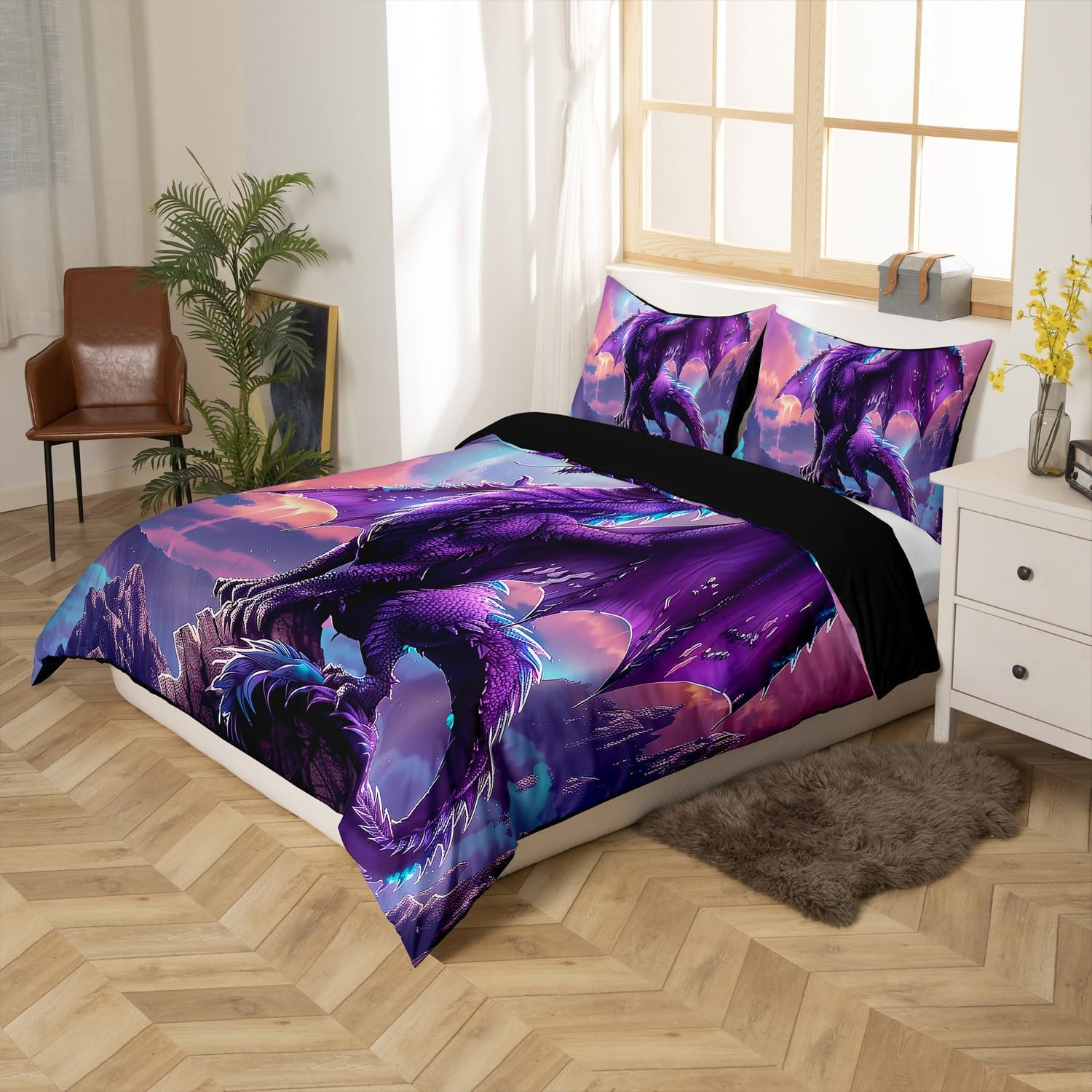 Erosebridal 3D Dragon Duvet Cover Set, Purple Galaxy Full Bedding Sets Magic Animal Wildlife Comforter Cover, Dragon Theme Bed Cover (Zipper Closure) image number 1