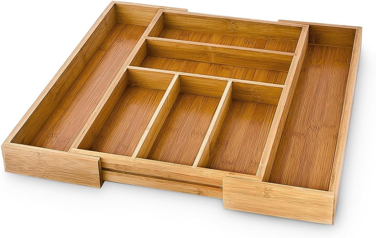 Relaxdays Adjustable Cutlery Tray H X W X D: Approx. 5 X 48 X 46 Cm Bamboo Drawer Insert with 5 to 7 Compartments as Cutlery Insert and Kitchen Organiser Large Cutlery Insert for Drawer Natural image number 1