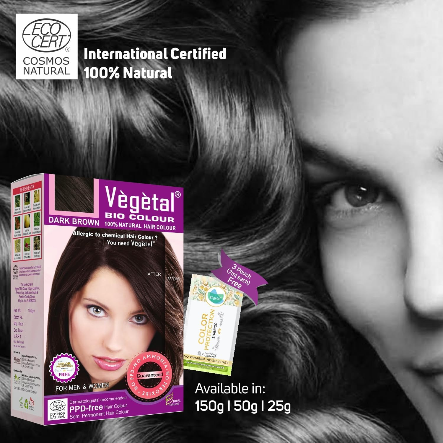 Vegetal Bio Hair Colour - Dark Brown 150G Achieve Natural, Ammonia-Free Hair Color Ppd-Free, 100% Herbal Certified Organic for Men and Women UV Protection and Luster Maintenance Complete Kit image number 2