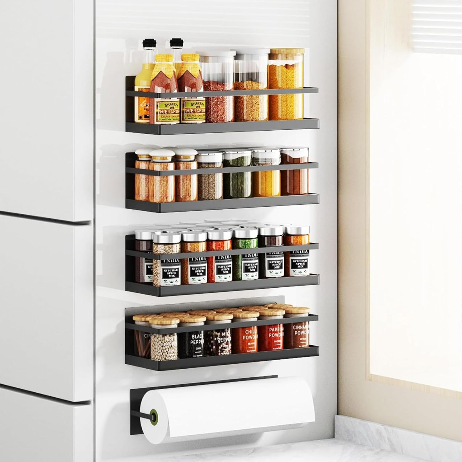 Magnetic Spice Storage Rack for Refrigerator, Kitchen Fridge Magnet Organizer Shelf, Black 3-Piece Set image number 5