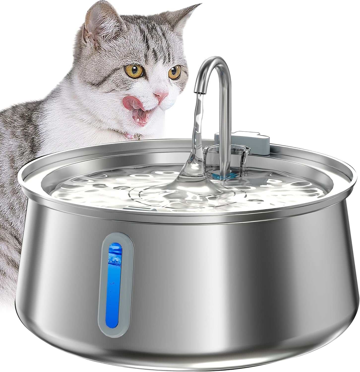 Cat Water Fountain, 4L/ Stainless Steel Pet Water Fountain,Dog Water Dispenser with Water Level Window, Multiple Filtration, Quiet Automatic Pet Fountain Easy Clean,1Faucet