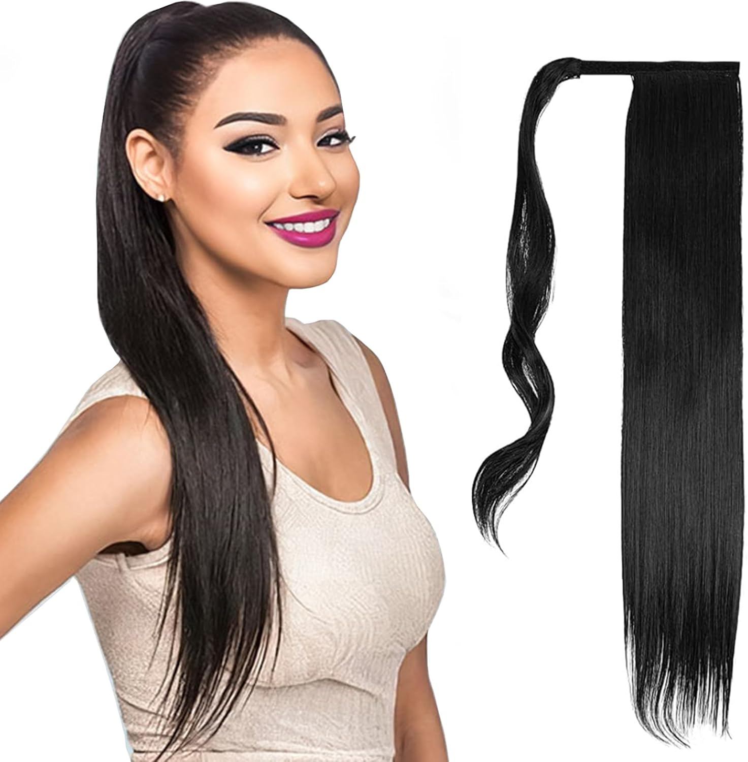 NASHRIO Ponytail Extension 60Cm Long Straight Wrap around Clip in Synthetic Fiber Hair Ponytail Hair Extensions Hairpiece for Women Girls Daily Wear,120G