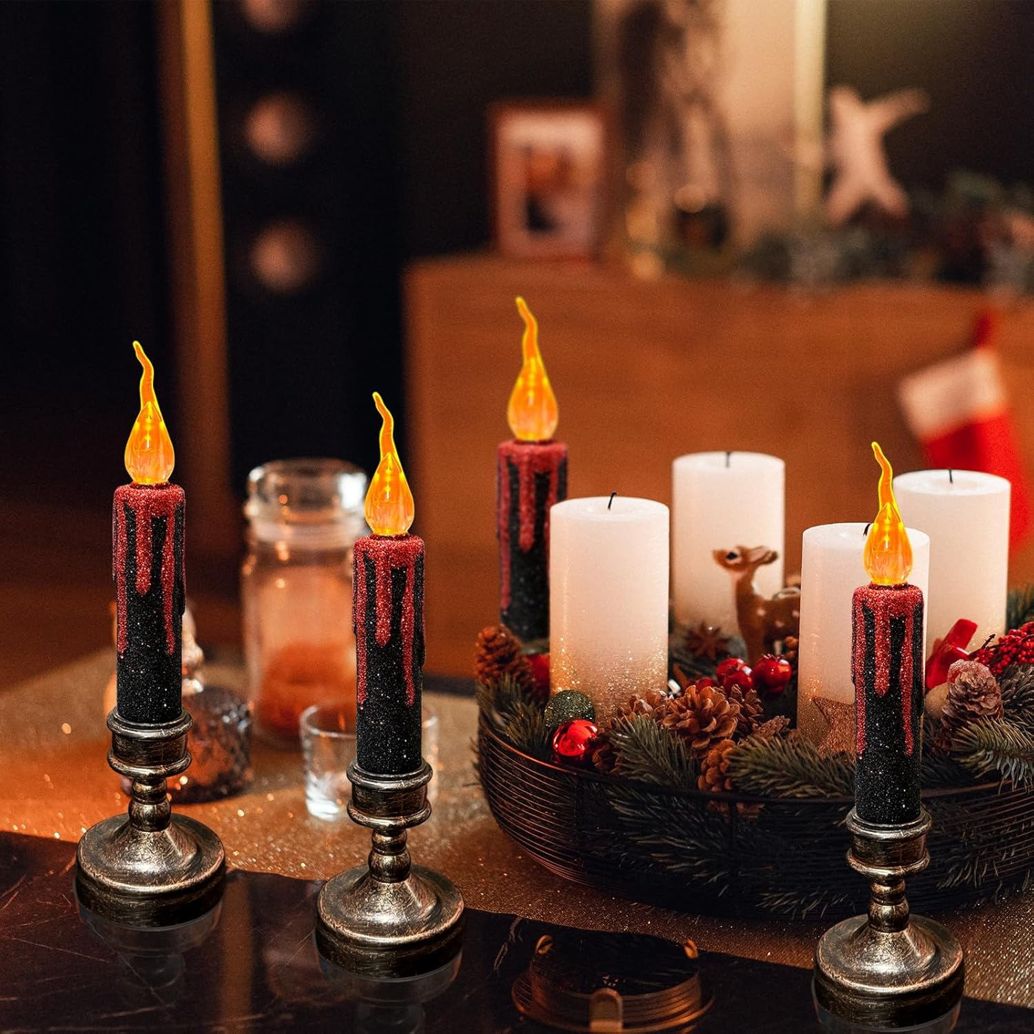 TINYOUTH 2 X 21 Cm Large LED Candles for Halloween, Christmas, Black Glitter Table Candles, Light Batteries Included for Wedding Party, Anniversary, Engagement Decoration image number 7