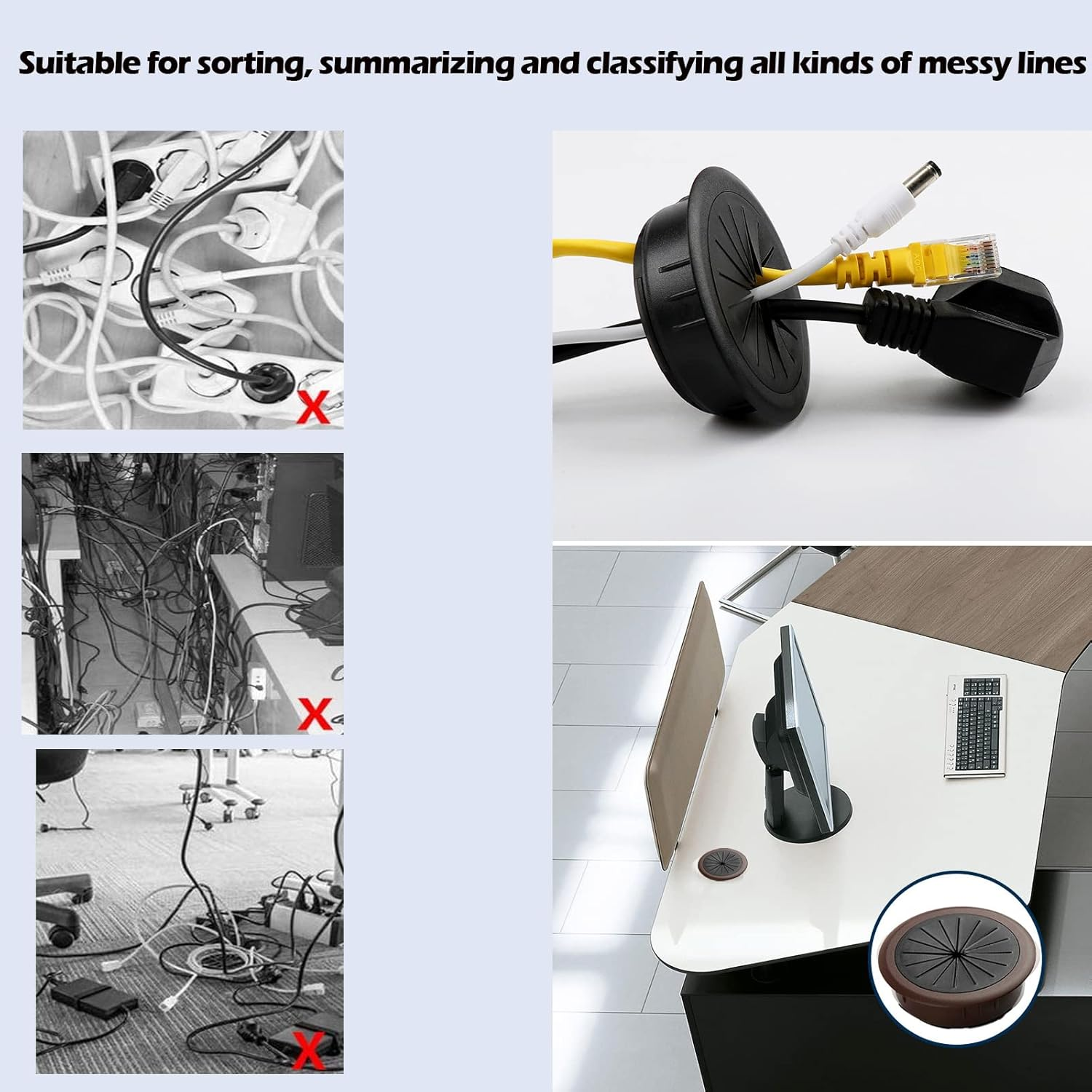 Zakora 4PCS Flexible Desk Grommet, 2 Inch Aperture, Data Cable Storage and Sorting Tools, Wire Cord Cable Grommets Hole Cover, Detachable, Adjustable Aperture (Brown) - Brown image number 6