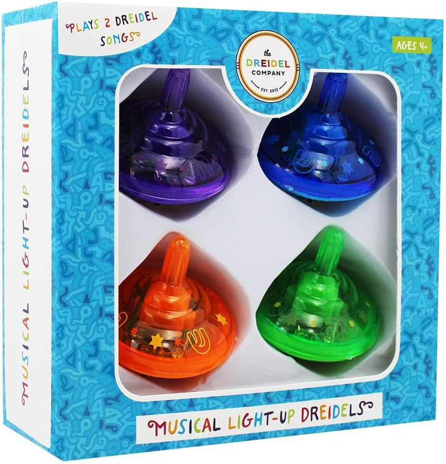 Hanukkah Musical Light-Up Dreidel Spinning Tops Set, Plays 2 Classic Hanukkah Songs, Assorted Colors (4-Pack) image number 4