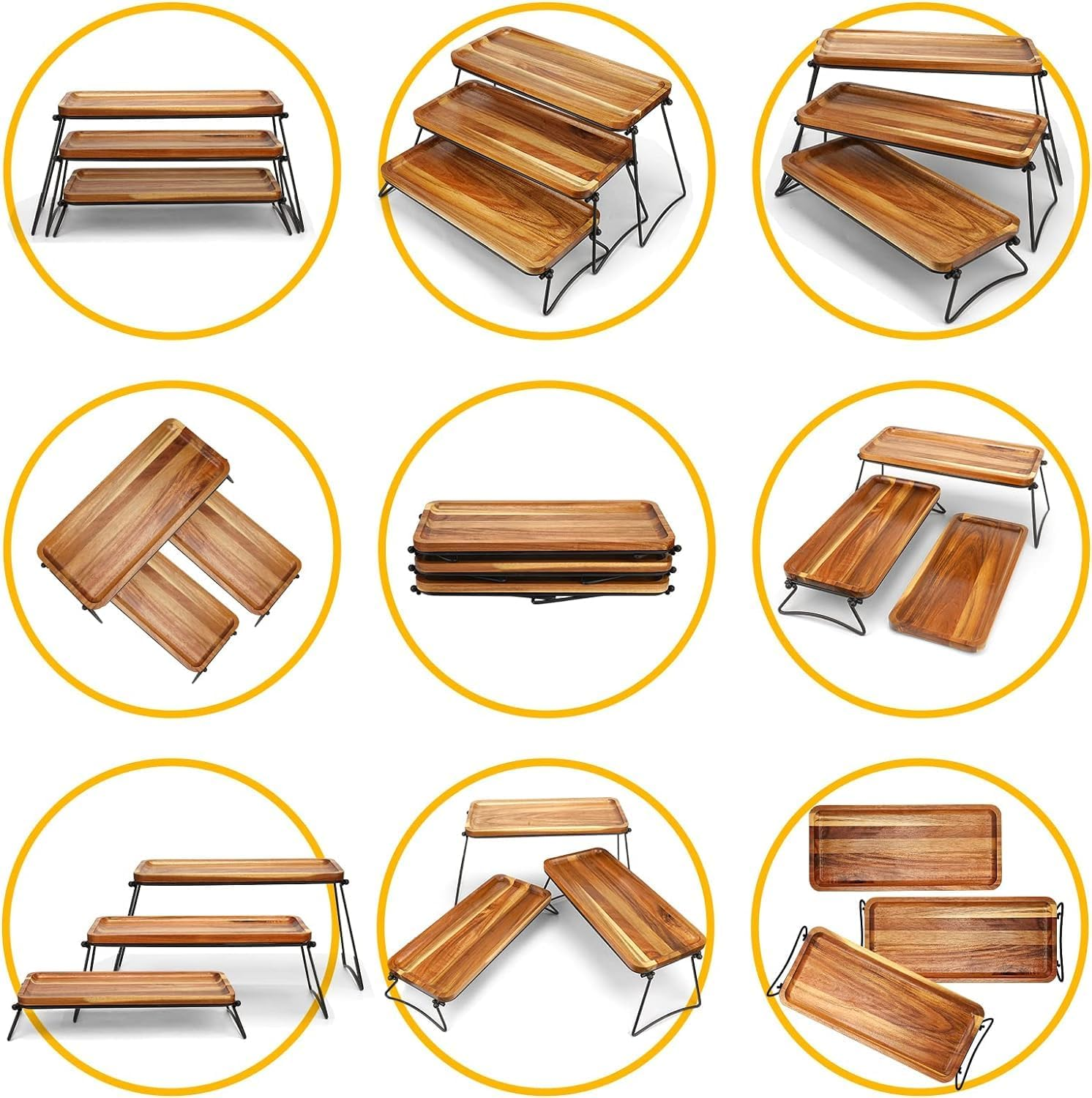 3 Tiered Tray Stand - Three Tiered Serving Stand with Acacia Wood Serving Trays & Platters for Cupcake Stand,Wooden Dessert Table Display Set,Charcuterie Boards,Food,Party,Vendors image number 5