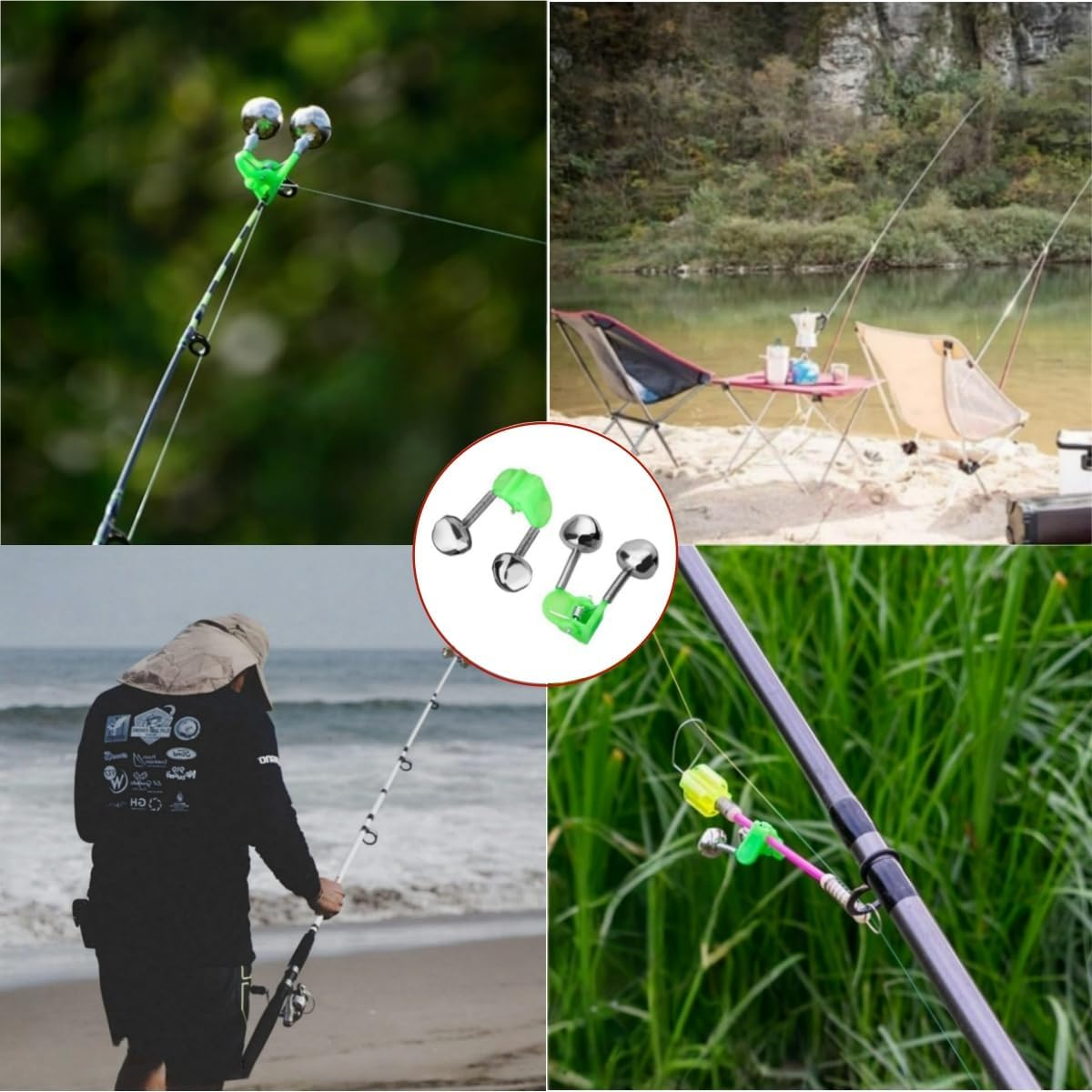 20 Pcs Metal Dual Bells Bite Indicators Fishing Accessories for Sea,Green Galvanized Fish Bell Portable, Reusable Indicator Night Rod Clock