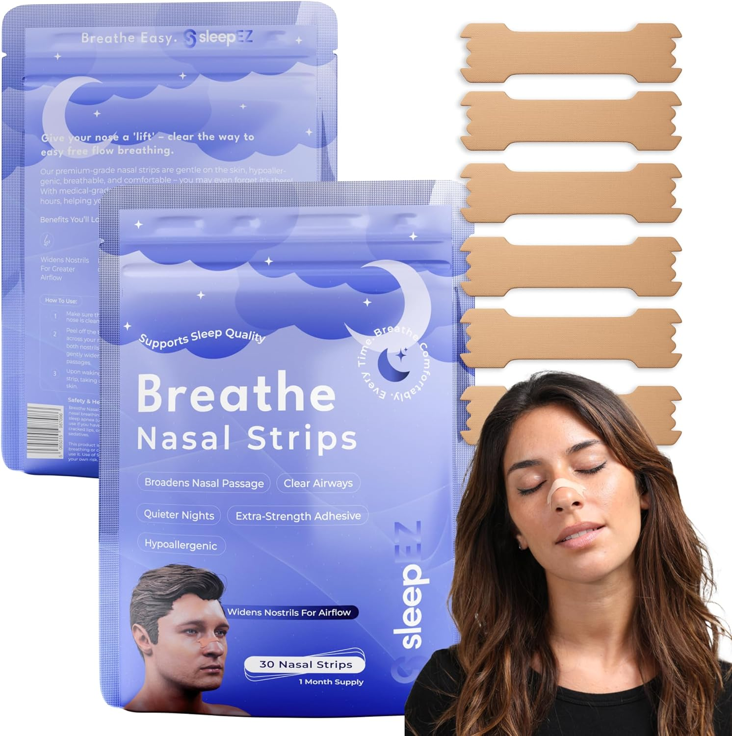 Breathe Nasal Strips &ndash; 30 Pack | Hypoallergenic Nose Strips for Sleeping & Snoring Relief | Opens Nasal Passages for Better Airflow & Deep Sleep | Extra Grip, No-Slip Adhesive | Skin Tone image number 4