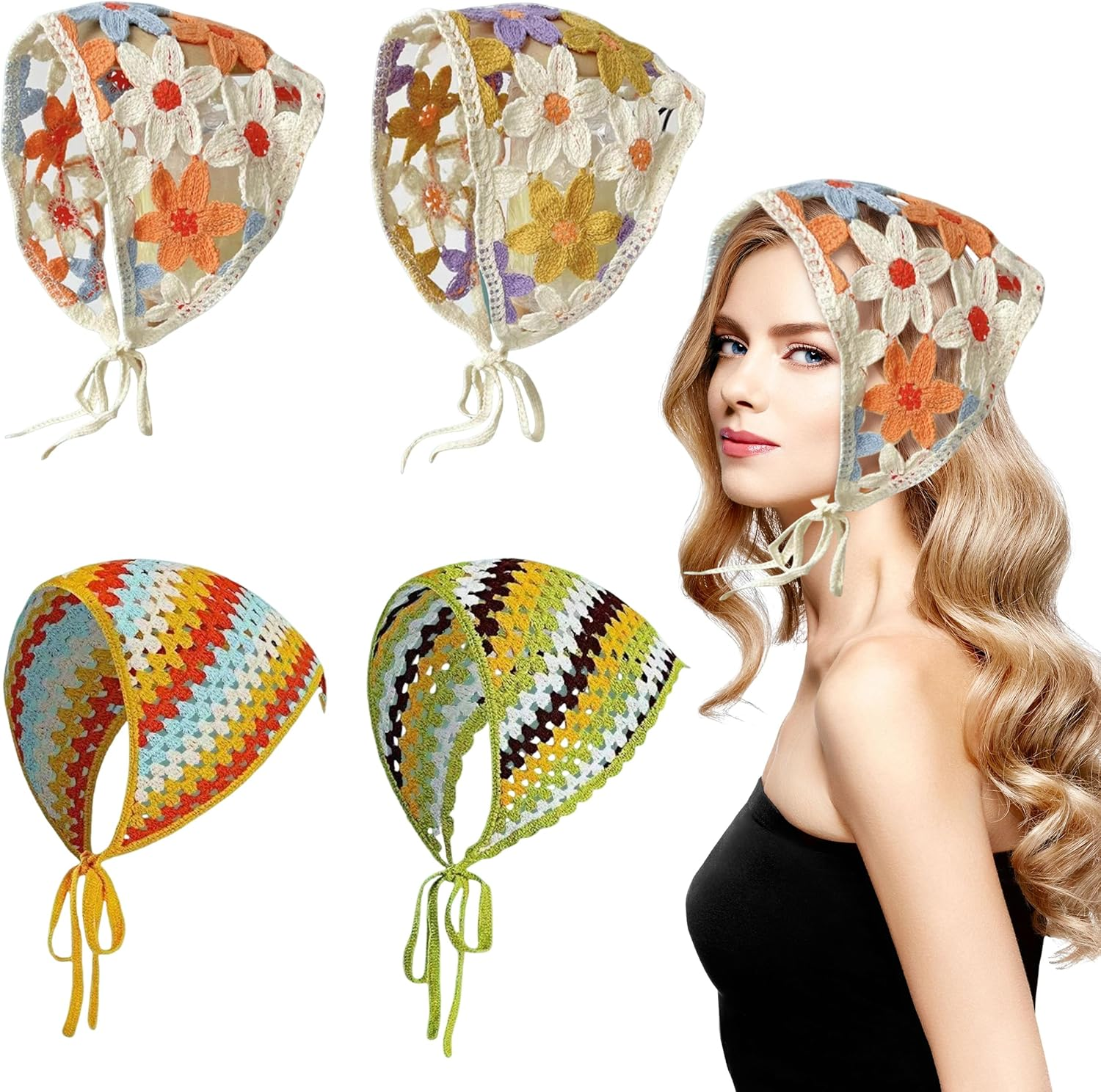 JIEYUMAO 4 Pcs Crochet Hair Bandana, 4 Styles Crochet Bandanas Headbands for Women, Fashion Knitted Headscarf Boho Head Kerchief Knitted Hair Scarf Floral Hairs Bandanas for Wedding Party