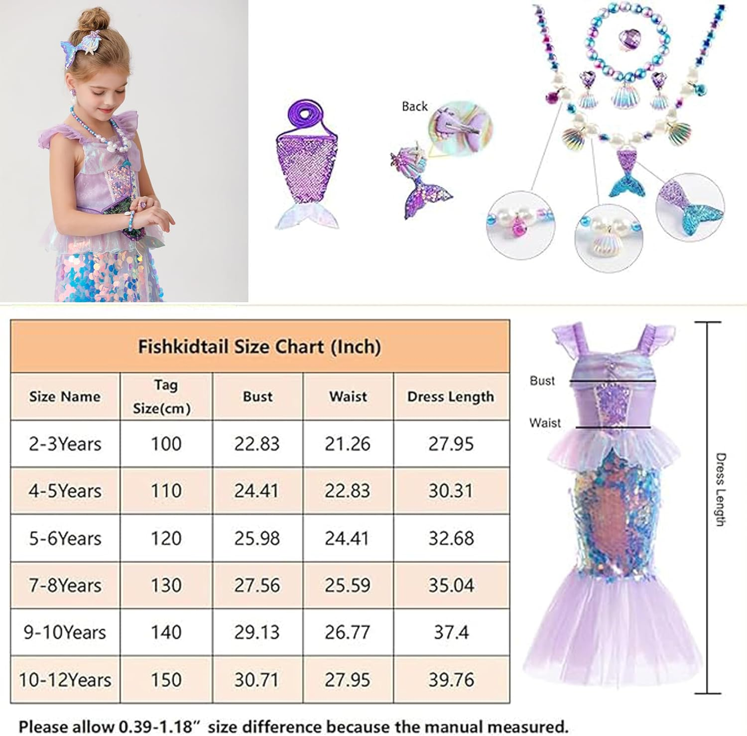 Little Girls Princess Mermaid Costume for Girls Dress up with Accessory for Christmas Birthday Party Supplies image number 3