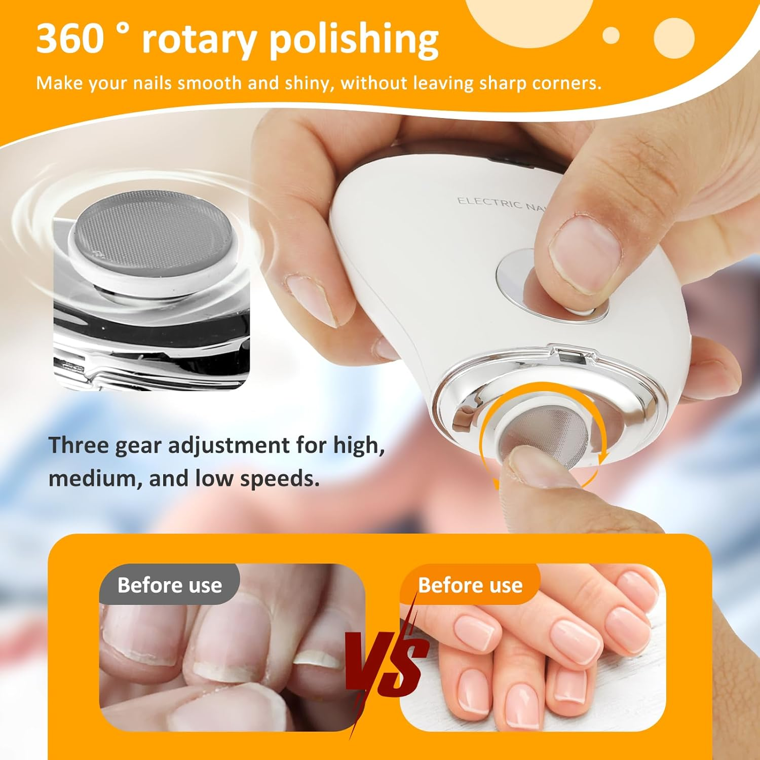 Electric Nail Clipper, 3 Speeds Levels Electric Nail Trimmer with Nail Clip Storage Rechargeable Automatic Nail Clipper Portable Electric Fingernail Cutter Safety Fingernail Trimmer for Adult Kids (White) image number 6