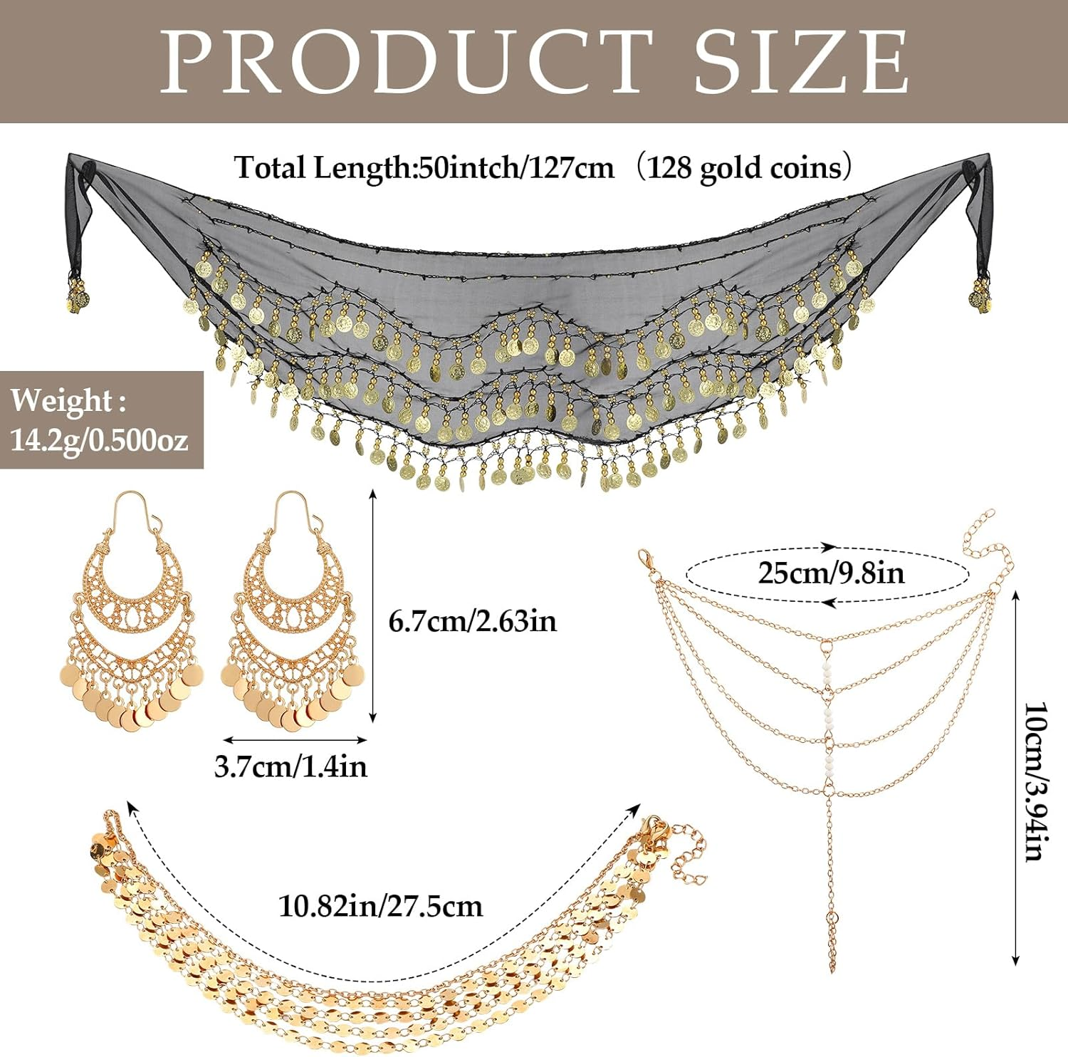 Sureio 4 Pcs Gypsy Costume Accessories Belly Dance Accessories Hip Scarf Wrap Belt Drop Earrings Hair Chain Tassel Bracelet image number 4