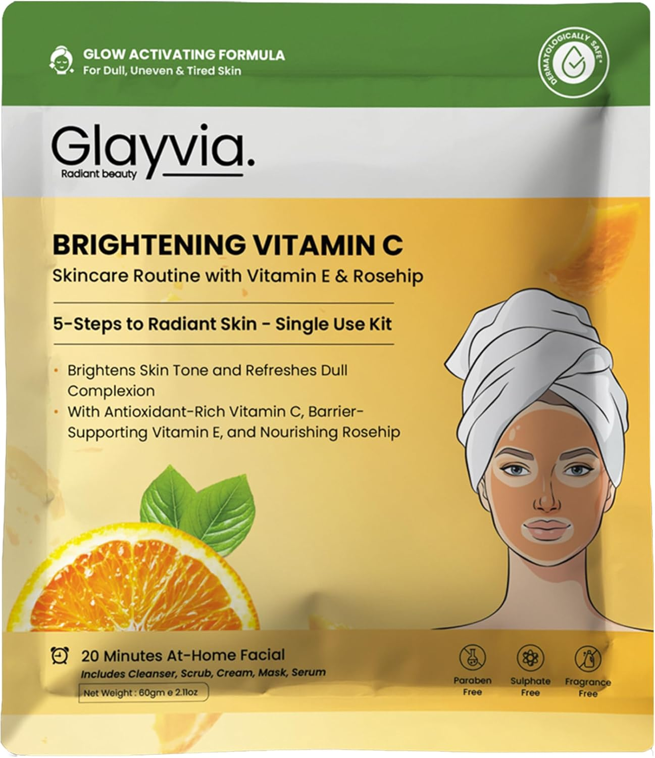 Glayvia Vitamin C Skincare Routine Kit &ndash; 5-Step Single-Use Brightening Routine | Vitamin C + Rosehip + Vitamin E | Fragrance Free, Suplhates Free & Parabens Free | 20-Minute At-Home Facial image number 3