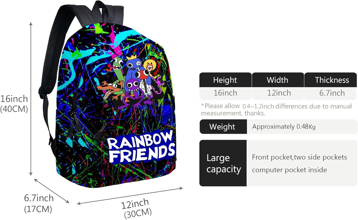 2Pcs Anime Game Rainbow Backpack with Friends Keychain,16In 3D Printed Cartoon Laptop Bag Casual Daypack Travel Backpacks. - A image number 5