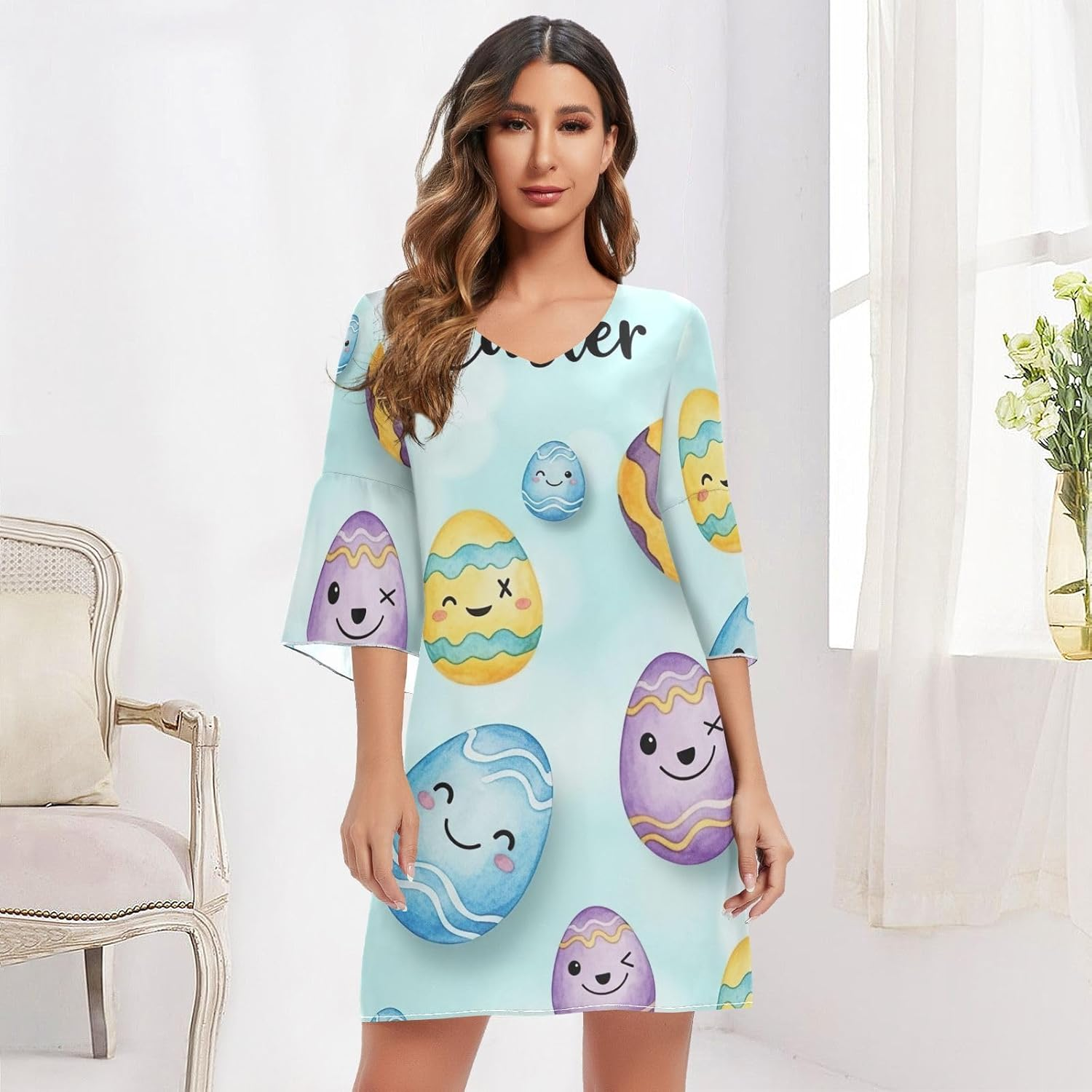Funny Easter Eggs Blue Chiffon V Neck Dress Printed Maternity Dress Party