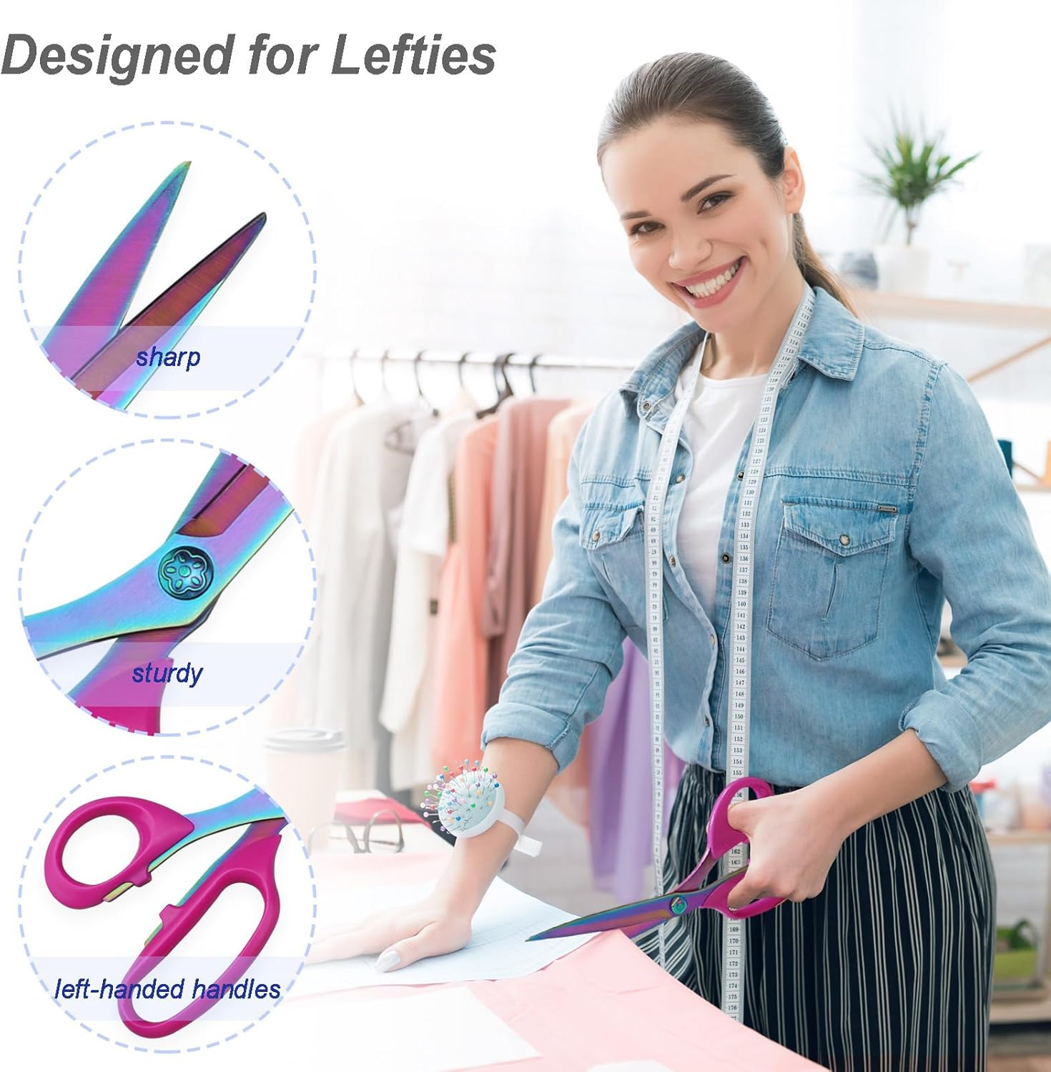 Left Handed Scissors Adults, Titanium Coating Forged Stainless Steel Sewing Scissors for Fabric Cutting, Multi-Purpose Shears for Dressmaking, Quilting, Home General Use Professional Crafting, 9 Inch image number 3