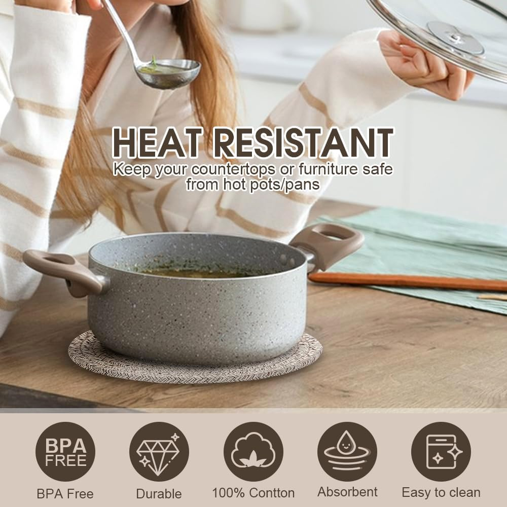 Chamgeco 10-Inch Woven Table Mats Placemats Trivets, 4PCS Heat-Resistant Cotton Braided Pot Holders Non-Slip Hot Pads for Hot Dishes Pans, Kitchen Countertops,Tables, Home Kitchen Essentials(Color 2) - Color 1 image number 2