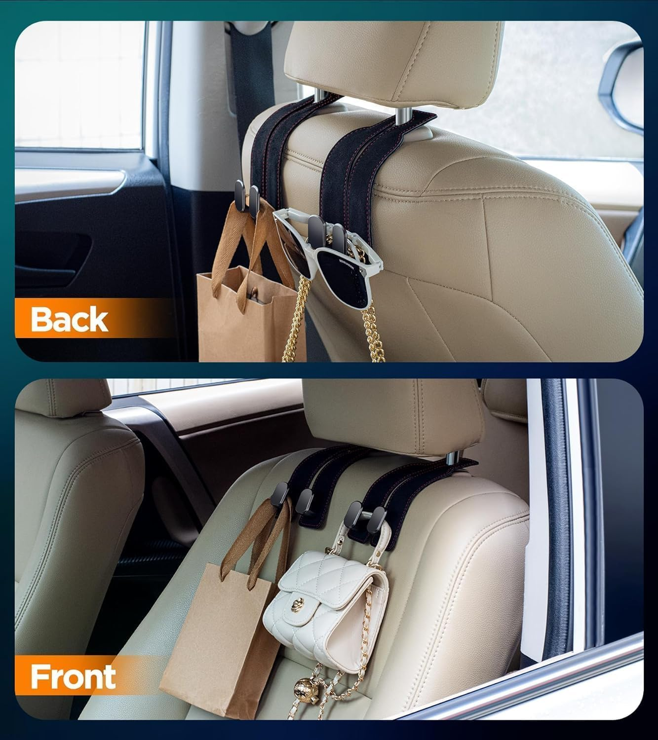 Car Headrest Hooks for Seat Back Storage, Purses and Bags - Leather,(Color Reference Image Display) image number 2