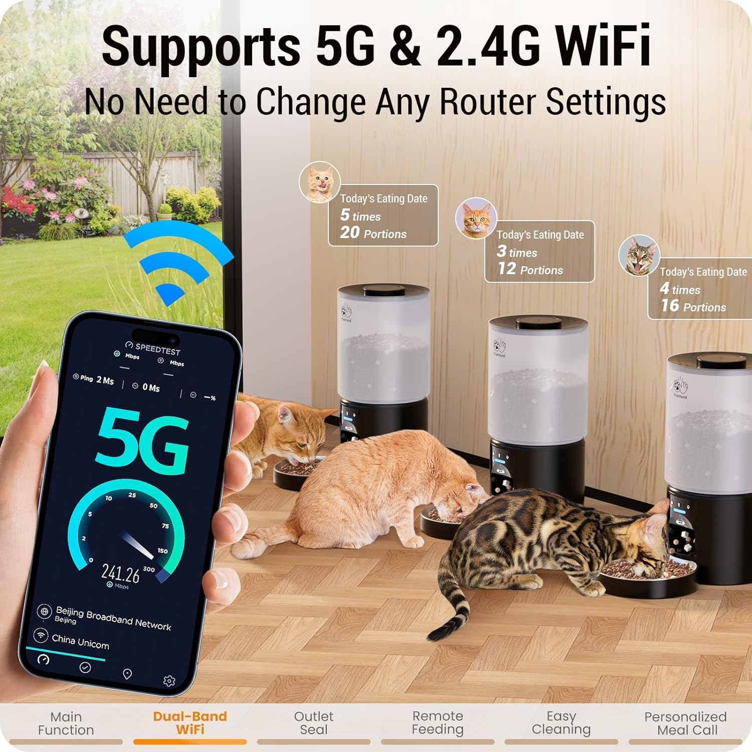 Frienhund 5G Wifi Automatic Cat Feeder with Sealed Outlet: Automatic Dog Feeder with 5L Large Cat Food Storage Container, Timed Cat Food Dispenser for Multiple Pets, Detachable for Easy Clean - 21 Cup