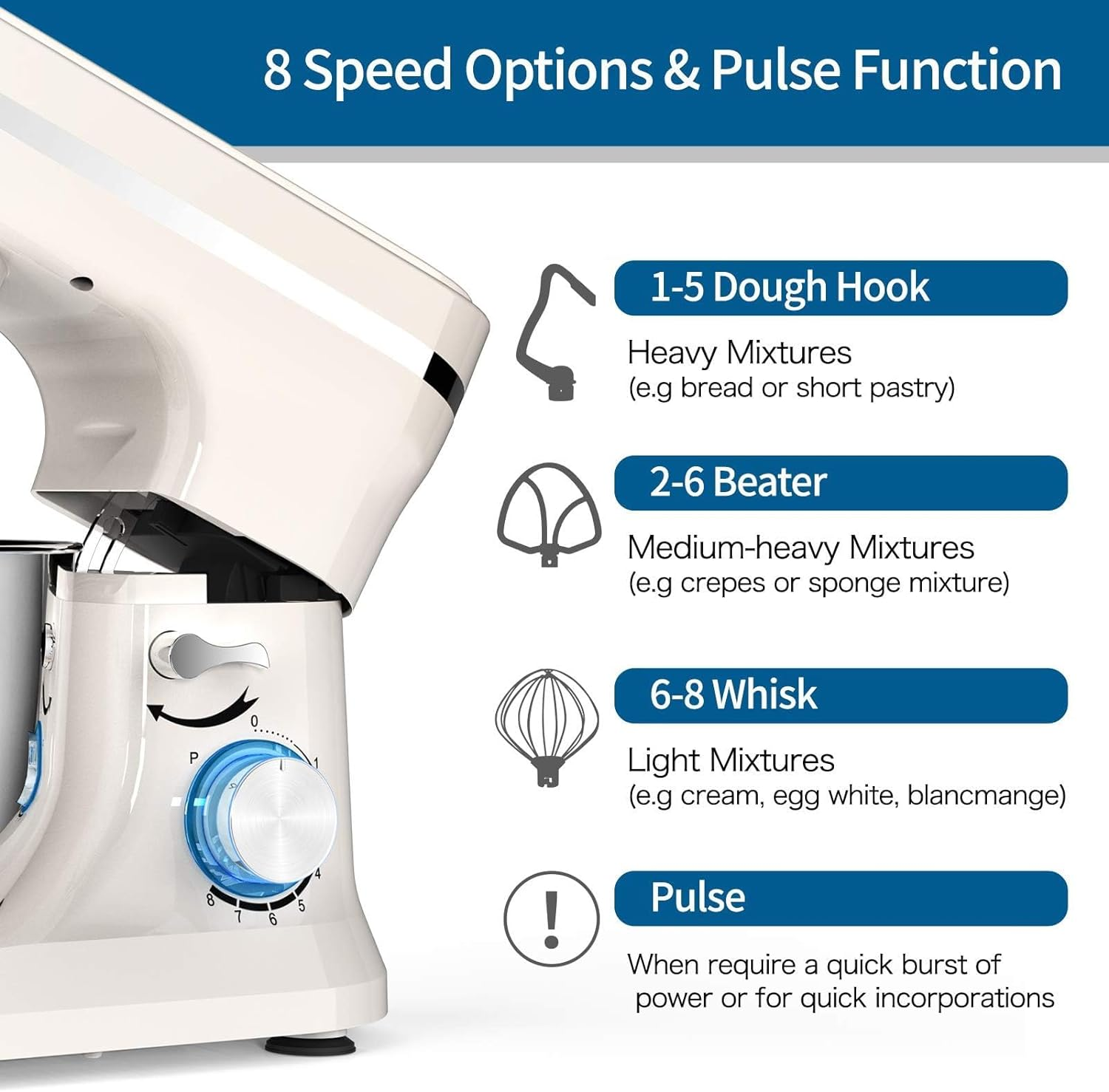 WOOYOOTE Stand Mixer Dough Blender, 5 QT 1000W Food Mixer Electric Cake Mixer with Bowl, Beater, Hook, Whisk, Egg Separator & Silicone Spatula, Dishwasher Safe image number 6