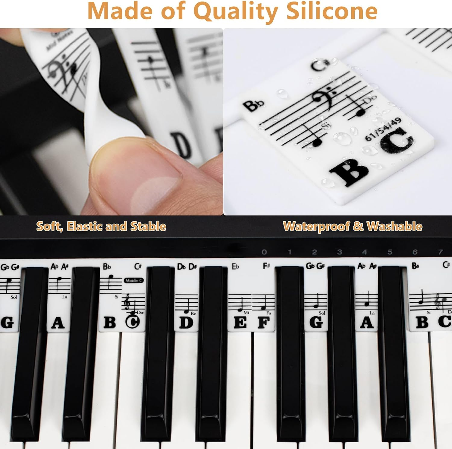 Azymi Removable Piano Keyboard Note Labels, Piano Letters for Keys 88/76/ 61/54/ 49/37, Reusable Silicone Strips Black Large Bold Letter for Kids Beginners image number 2