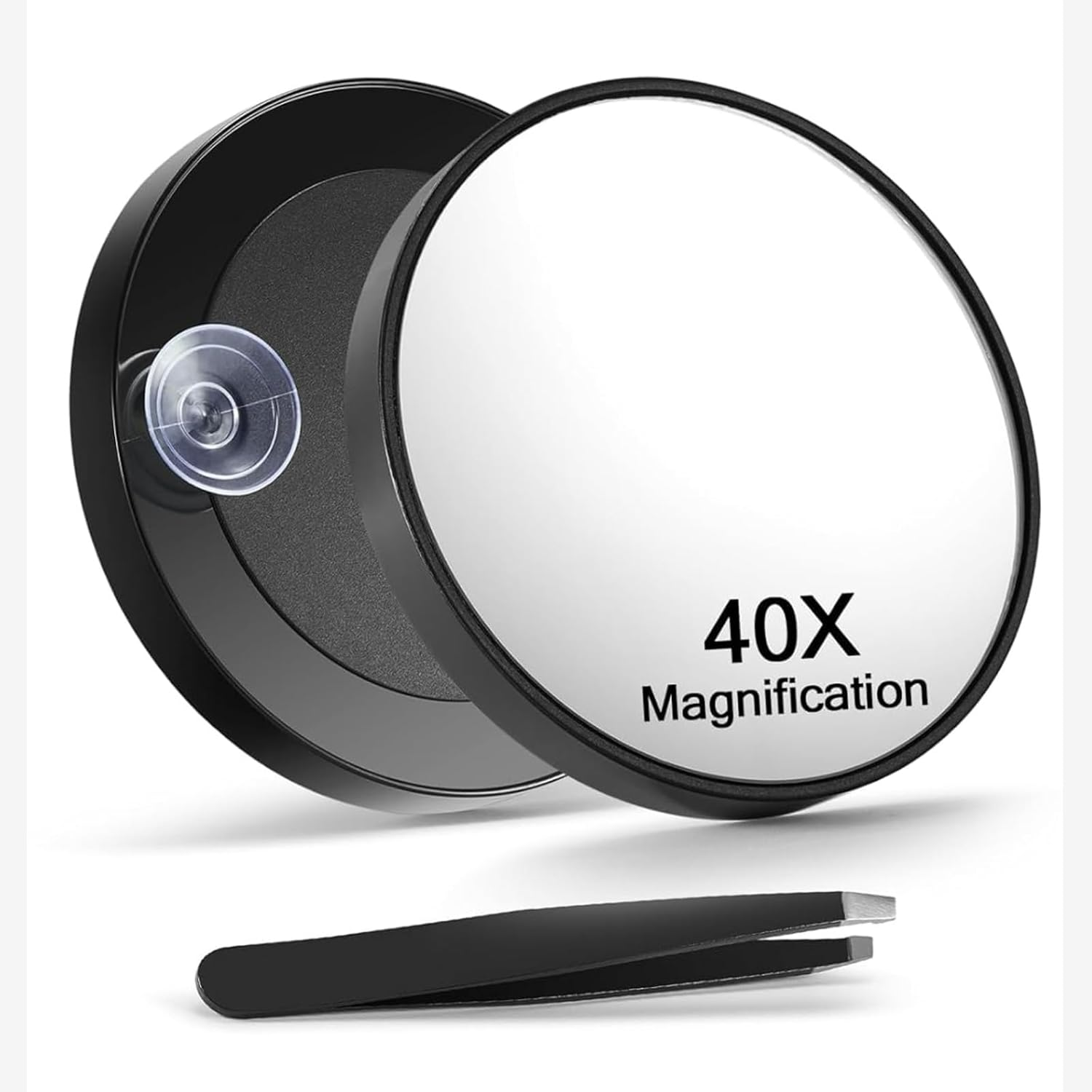 40X Magnifying Mirror with 2 Suction Cups, 9 Cm Compact Makeup Mirror & Slant Tweezers, Portable for Travel, Black image number 2