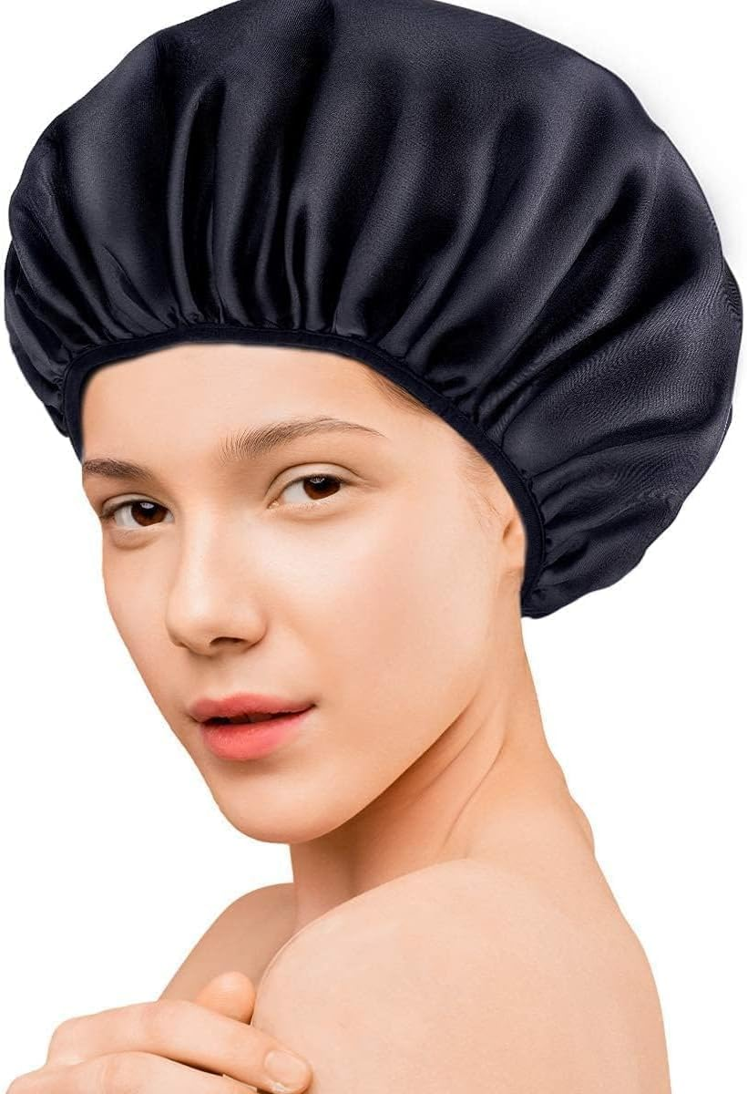 Shower Cap,Terry Lined Shower Cap for Women Reusable, Triple Layer Waterproof Bath Cap, Extra Large for Women Long Hair (Black, One Size) image number 1