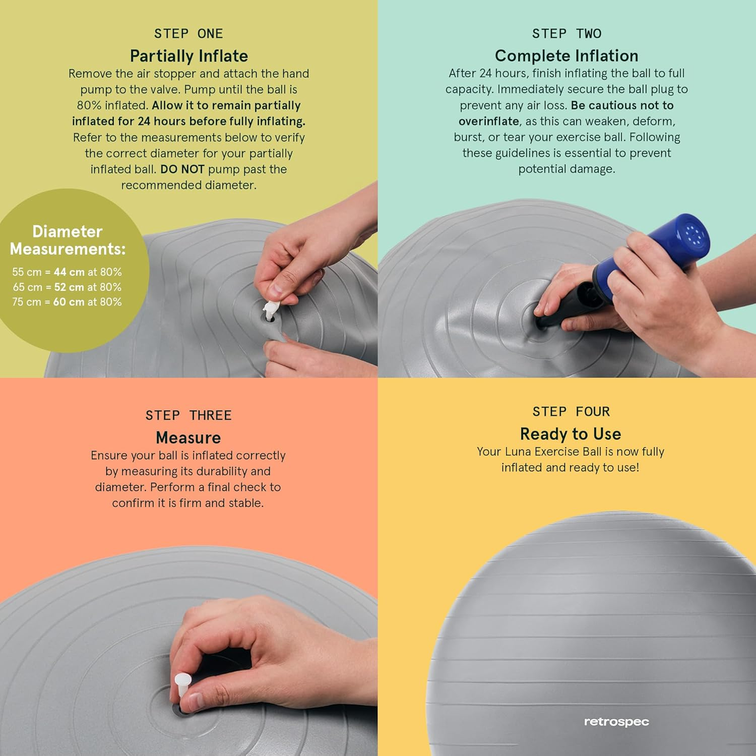Retrospec Retrospec Luna Exercise Ball, Base & Pump / Ball & Pump with Anti-Burst Material - Fitness Gym Swiss Ball - Perfect for Balance, Stability, Yoga, Pilates, Pregnancy & Birthing