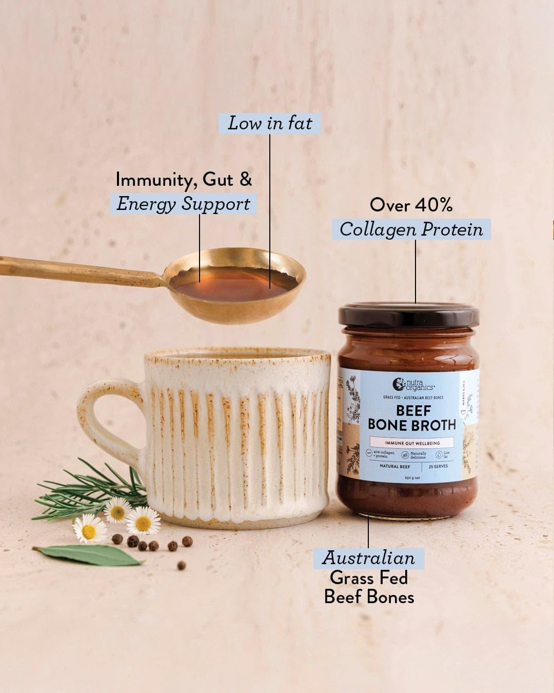 Nutra Organics Beef Bone Broth Concentrate Natural Beef 250G | Packed with Vitamins & Minerals | Soup Base for Stews, Sauces & Gravies (25 Serves) image number 3