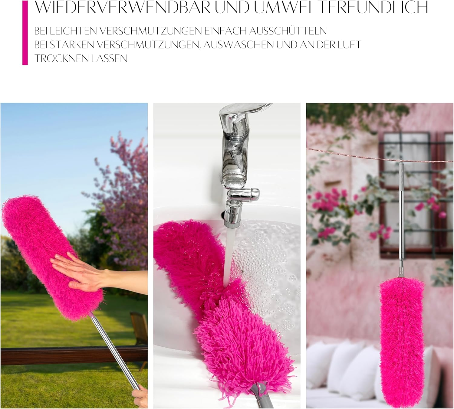 ALX Washable Microfibre Duster, Telescopic Duster Extendable up to 260 Cm. Stylish Cleaning for a Spotless Home (Pink)
