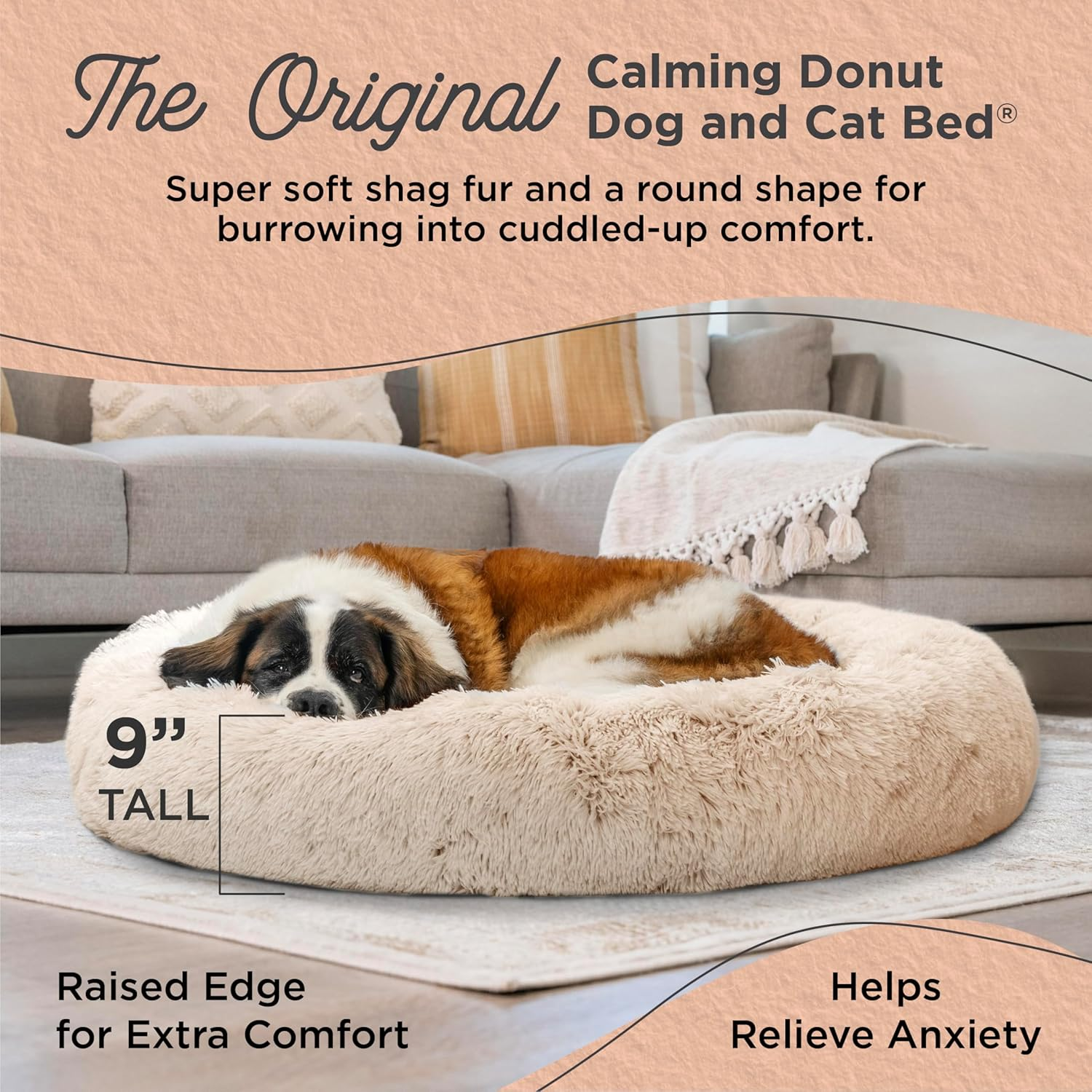 Best Friends by Sheri the Original Calming Donut Cat and Dog Bed in Shag Fur Taupe Extra Large 45X45 image number 5