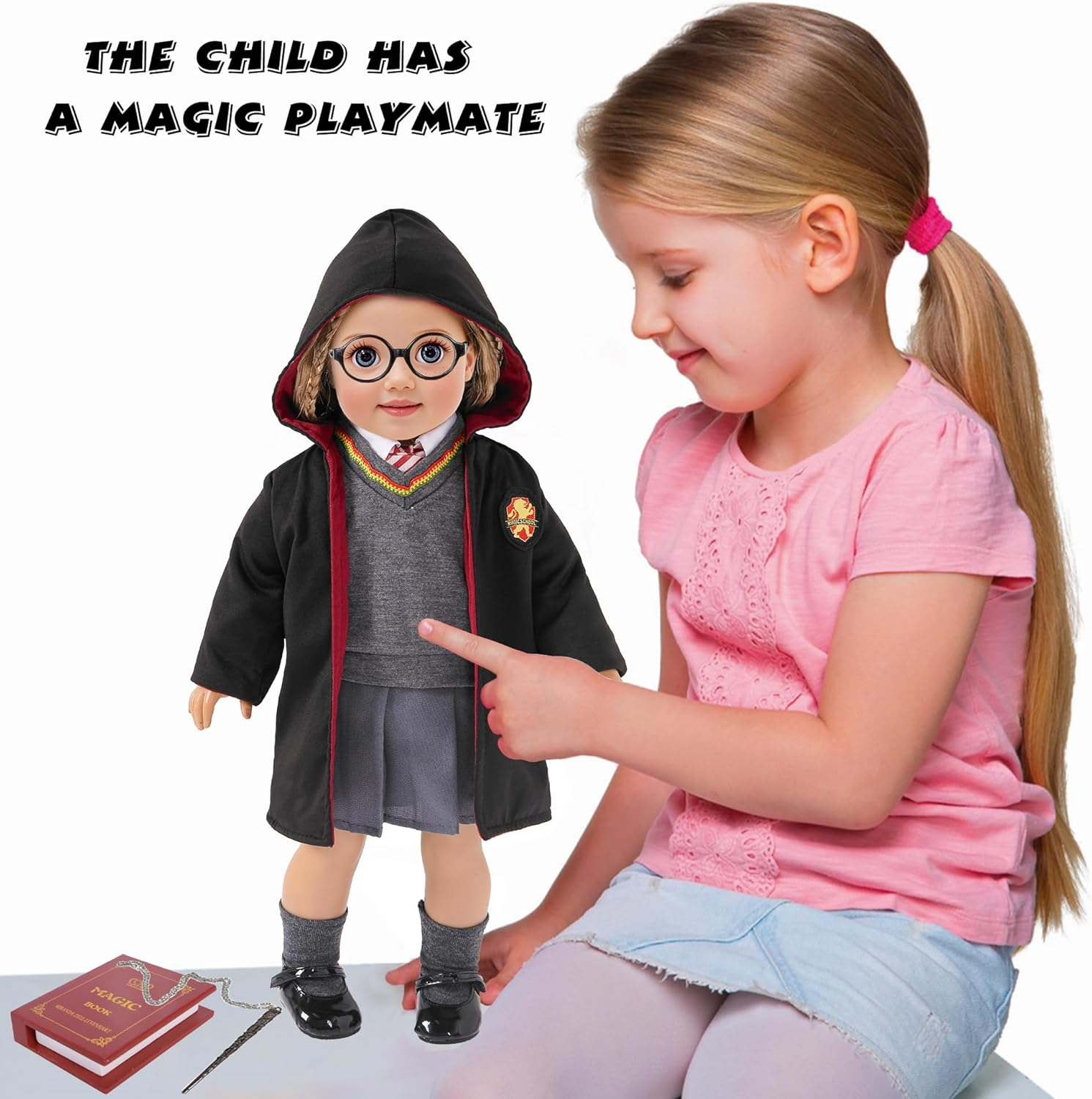 Ebuddy 10Pc/Set Hermione Inspired Doll Clothes Outfits for 18 Inch American Girl Dolls Includes Shirt, Skirt, Sweater, Tie, Socks, Robe, Magic Wind, Imitate Book and Shoes Glasses