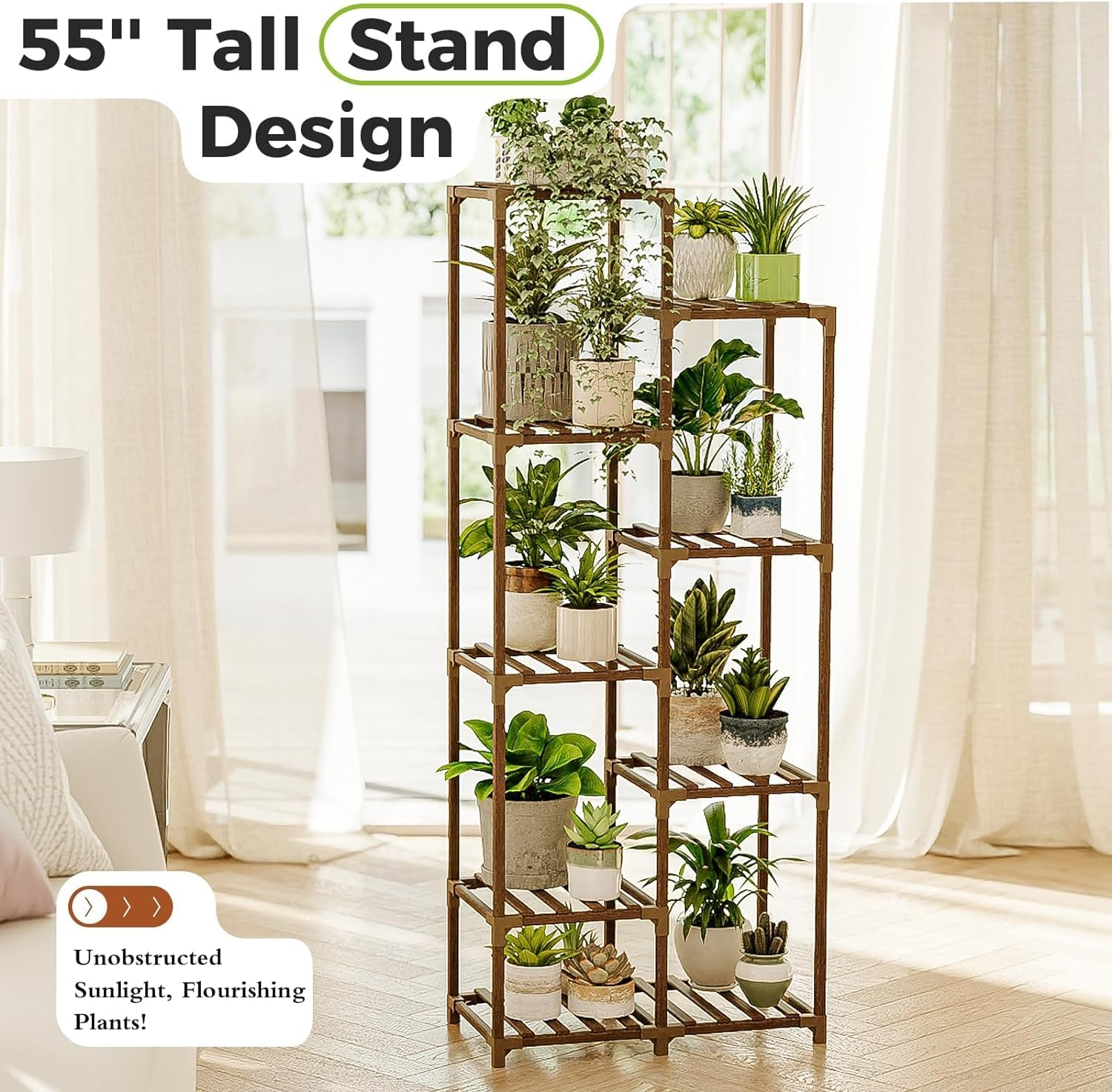 Bamworld Plant Stand Indoor Tall Plant Shelf Outdoor Corner Plants Table Wood Flower Stand for Living Room Balcony and Garden (9 Pots)