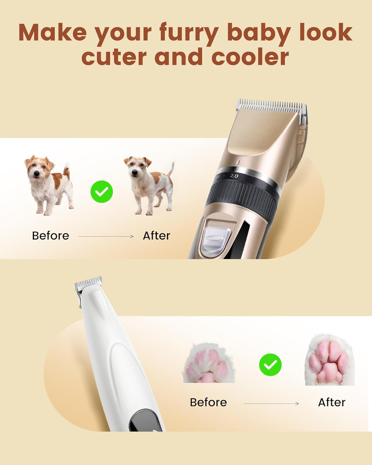 PAPMINI 2 in 1 Dog Grooming Kit, Low Noise Rechargeable Dog Clippers for Grooming, Cordless Dog Grooming Clippers and Dog Paw Trimmer, Dog Shavers for Grooming Small Dogs Cats Animals (Gold) image number 5